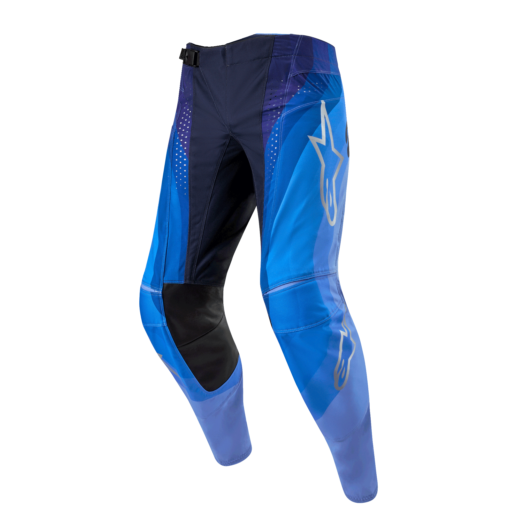 Alpinestars Techstar Pneuma Pants 2024, pantalones de motocross, azul marino y azul claro, con un logo de estrella Alpinestars plateado en el muslo, paneles interiores de cuero negro en las rodillas y perforaciones de ventilación cortadas por láser.