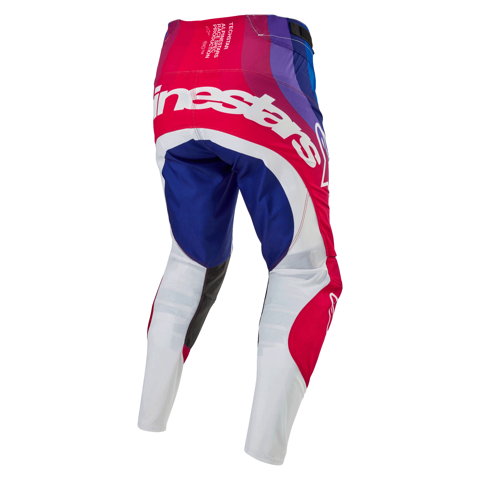 Alpinestars Pantalones Techstar Pneuma 2024, pantalones de motocross, azul Mars, rojo y blanco, vista trasera con gran logotipo blanco de Alpinestars en el asiento, paneles azules y rojos con la parte inferior de las piernas blanca, diseño duradero para competición todoterreno