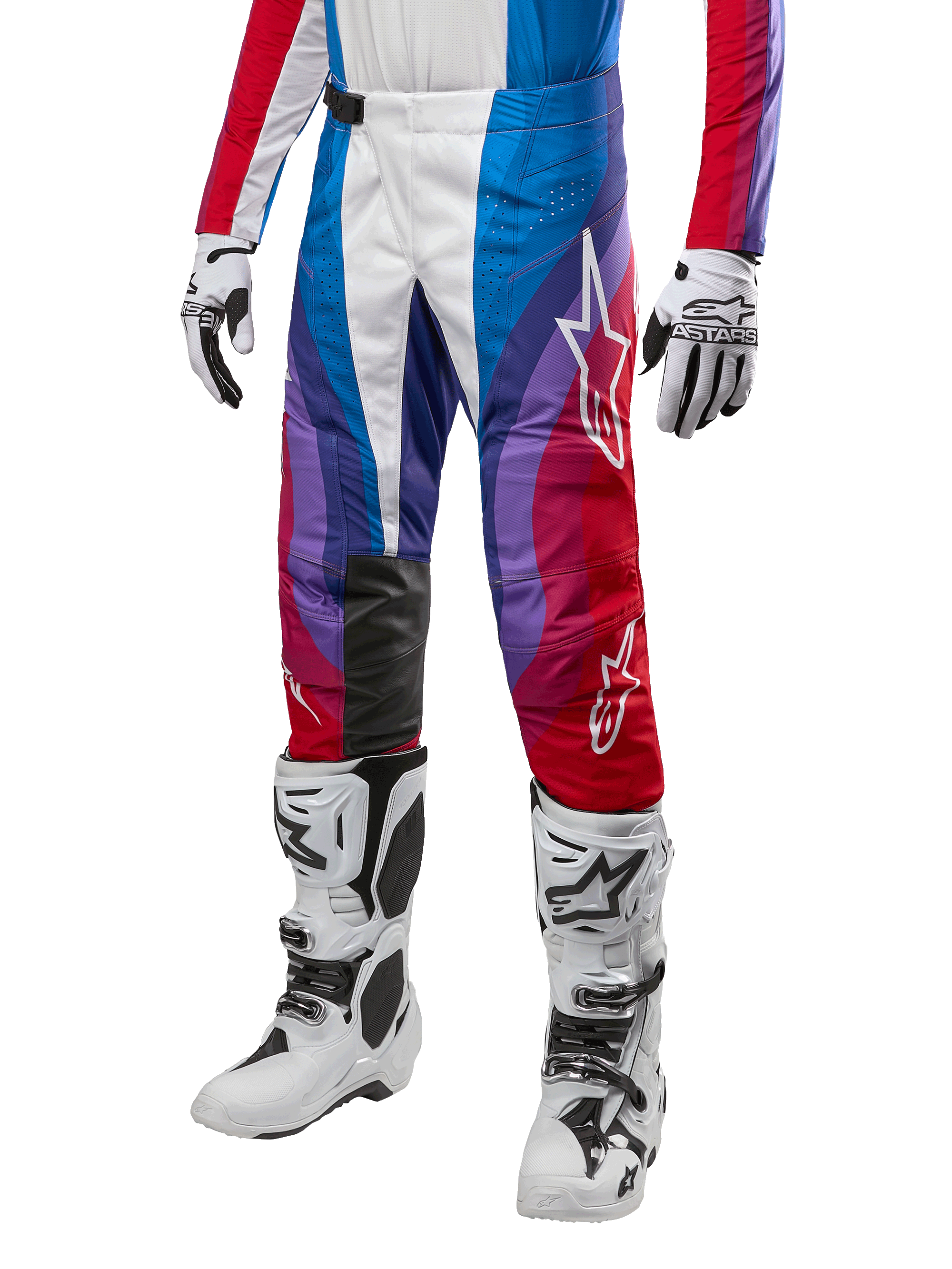 Alpinestars 2024 Techstar Pneuma Pants, Motocross Racing Pants, Blu Mars Red White, worn with matching jersey, white racing boots and gloves, vibrant graphic design with red blue and purple accents, perforated for breathability