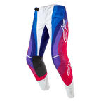 Alpinestars 2024 Techstar Pneuma Pants, pantalones de motocross, Blu Mars Red White, con un patrón de ondas dinámicas en tonos azules, púrpuras y rojos, logotipos blancos de Alpinestars y paneles interiores de las rodillas en negro duradero.