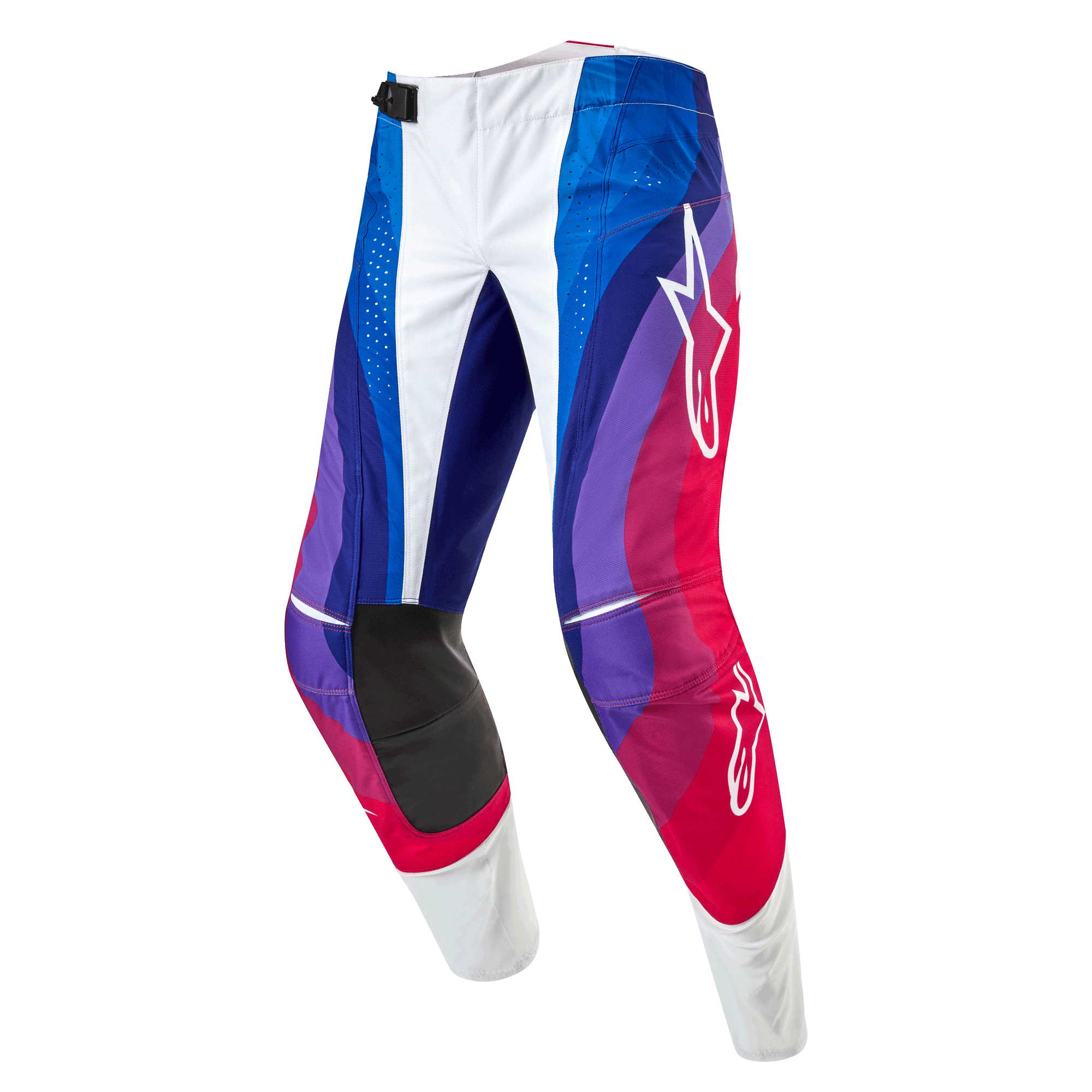 Alpinestars 2024 Techstar Pneuma Pants, pantalones de motocross, Blu Mars Red White, con un patrón de ondas dinámicas en tonos azules, púrpuras y rojos, logotipos blancos de Alpinestars y paneles interiores de las rodillas en negro duradero.
