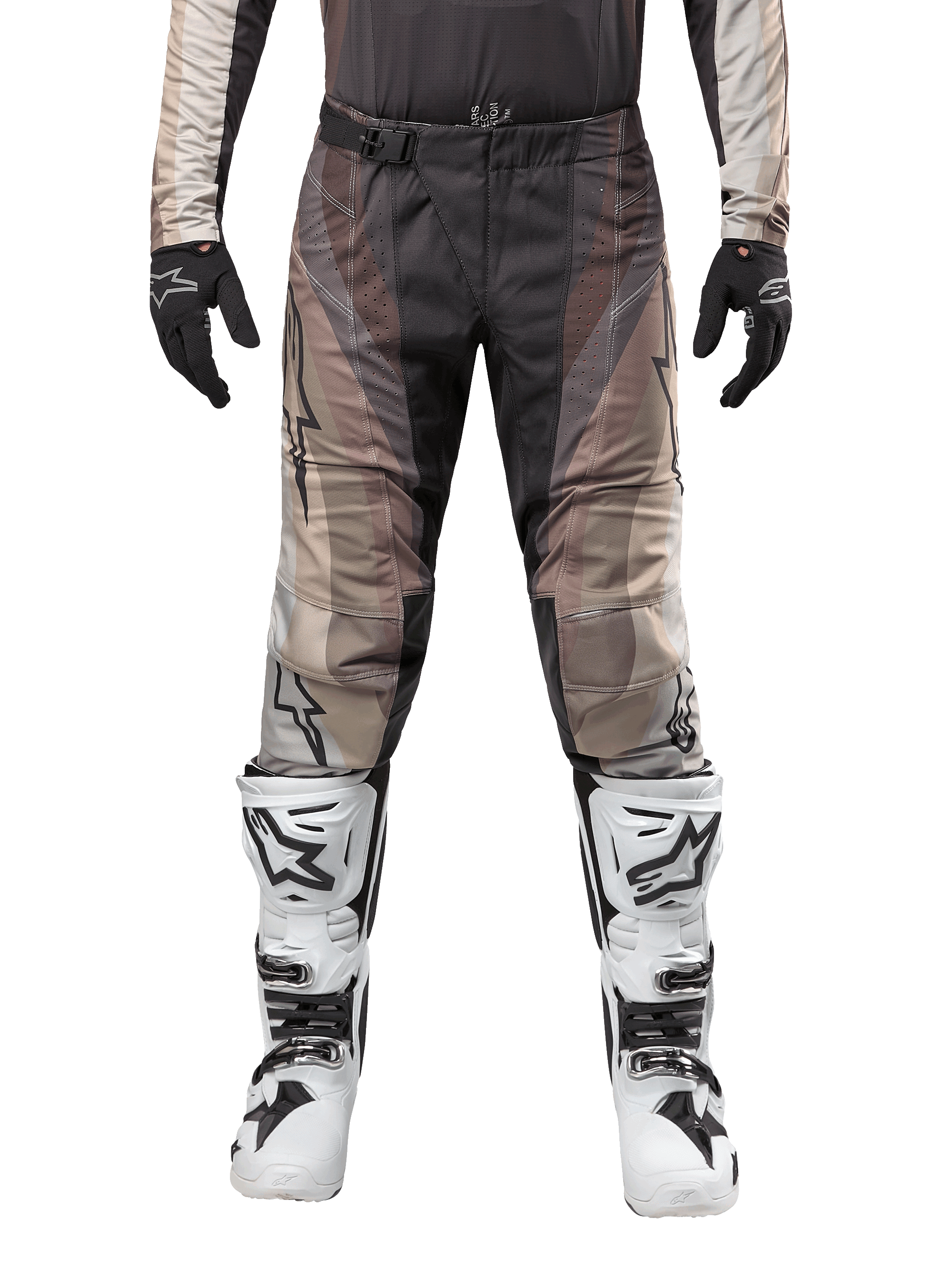 Alpinestars 2024 Techstar Pneuma Pants, pantalones de motocross, arena oscura y gris polvo de hierro, usados con jersey a juego, guantes negros y botas blancas y negras, con hebilla magnética SX2 y marca Astars, equipo de carreras todoterreno duradero