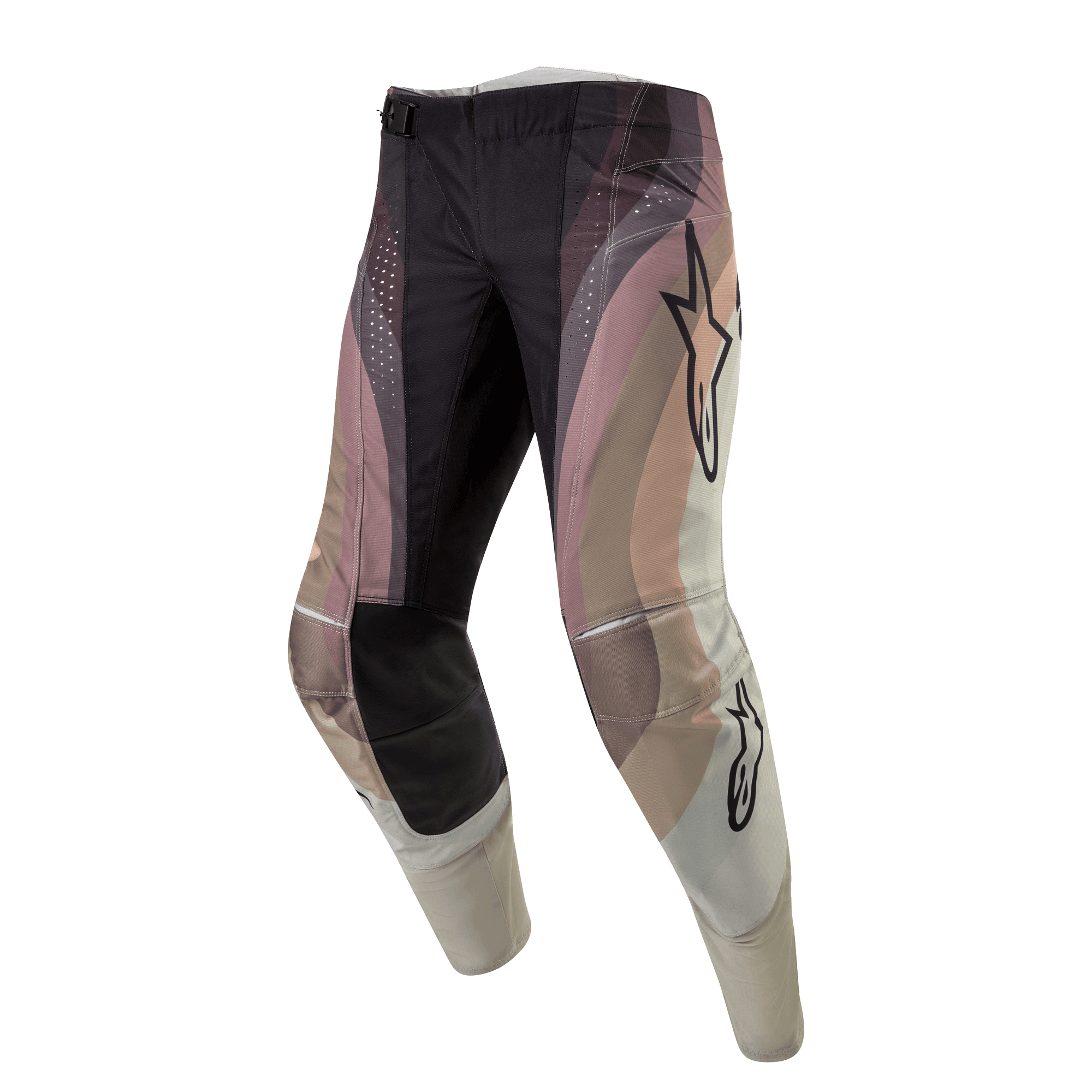 Pantalones Alpinestars Techstar Pneuma 2024, pantalones de motocross, colores Dark Sand, Iron Dust y gris, con un diseño de bloques de color ondulados con logotipos de estrellas Alpinestars, paneles de rodilla reforzados en negro y perforaciones cortadas con láser, equipamiento duradero para carreras off-road