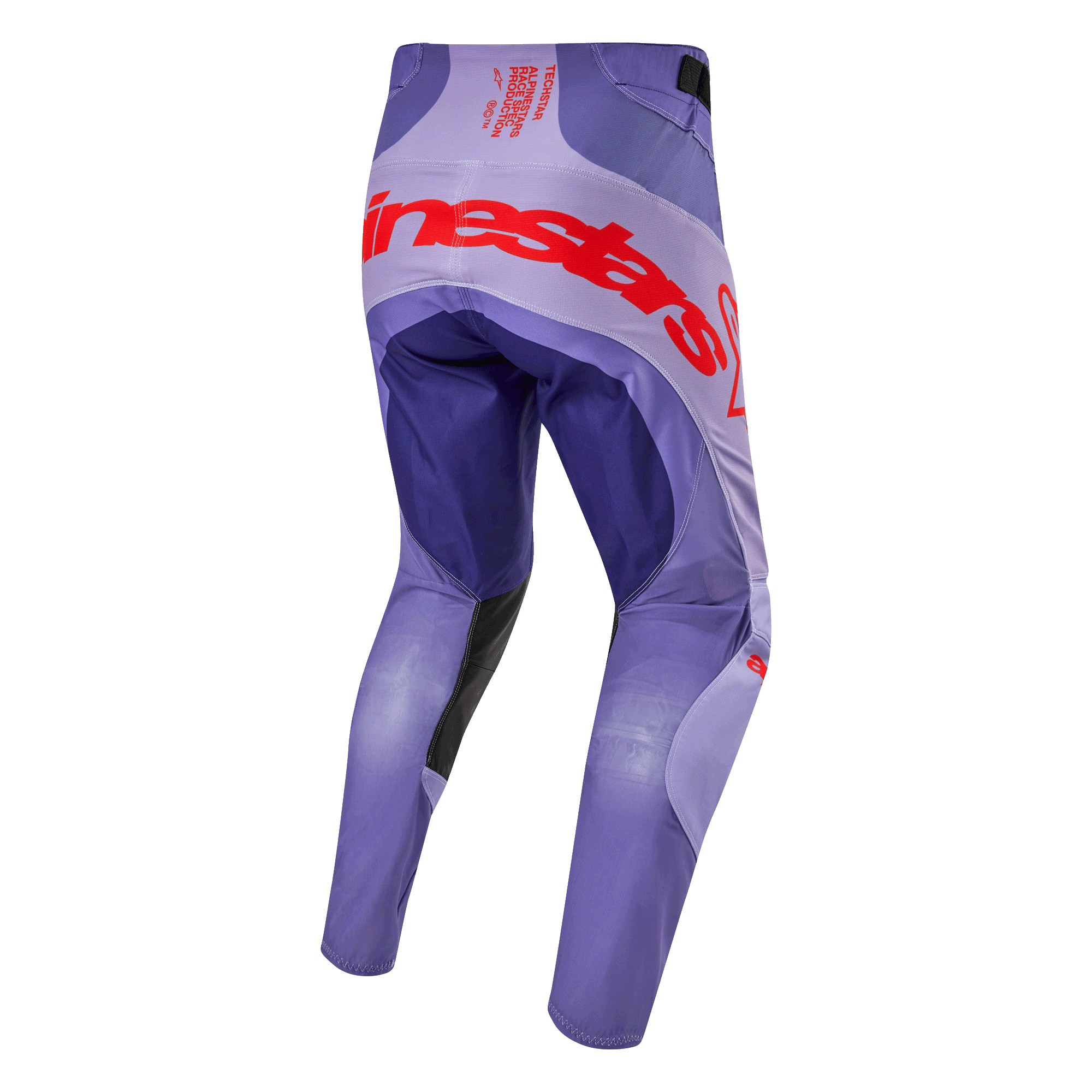 Alpinestars 2024 Techstar Ocuri Pants, pantalones de motocross para hombre, color púrpura con detalles en naranja intenso, vista trasera con logo de la marca, diseño técnico con materiales elásticos y duraderos para alto rendimiento.