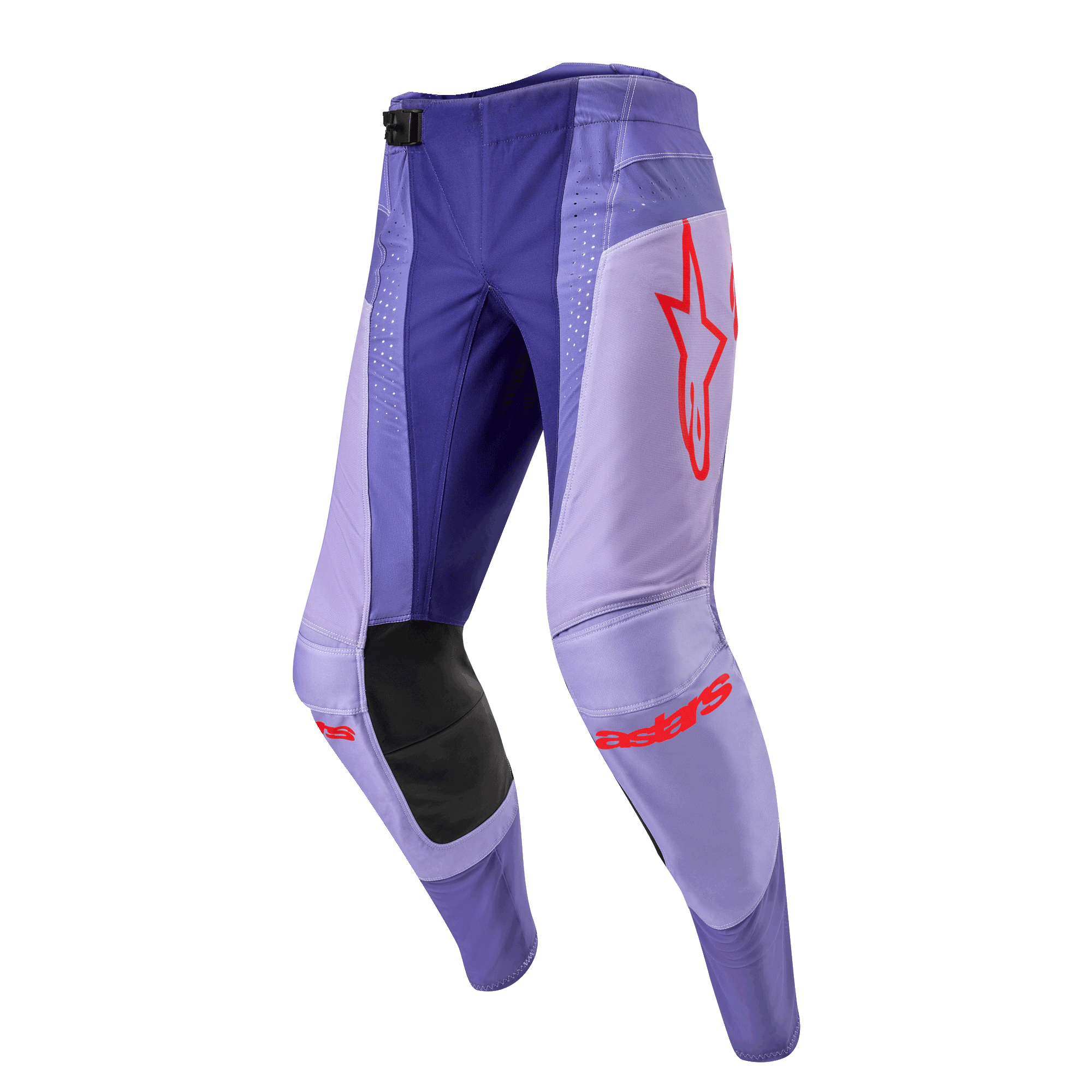 Alpinestars 2024 Techstar Ocuri Pants, pantalones de motocross para hombre en color morado y lila con detalles en naranja vibrante, logos rojos de Alpinestars, refuerzos negros en las rodillas, diseño deportivo para alto rendimiento