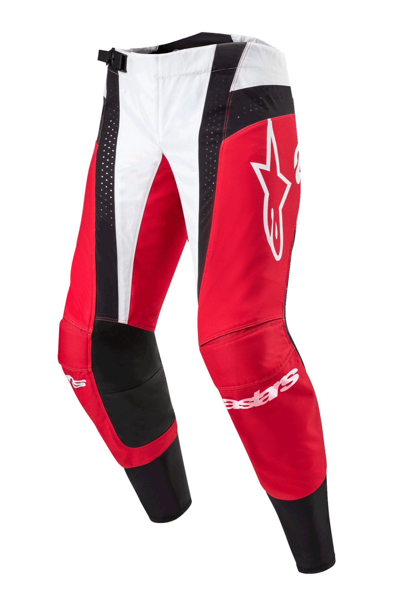 Alpinestars 2024 Techstar Ocuri Pants, pantalones de motocross, rojo Mars, blanco y negro, con paneles rojos y blancos y detalles perforados negros, gran logotipo Astar blanco en el muslo, marca Alpinestars en las espinillas, diseño duradero para carreras off-road