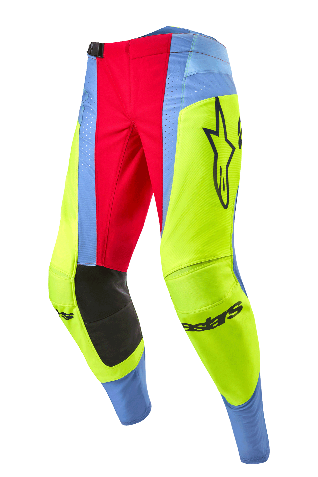 Alpinestars Techstar Ocuri Pants 2024, pantalones de motocross, azul claro, amarillo flúor y rojo baya, con paneles interiores negros en las rodillas, logotipo Alpinestars destacado y paneles multicolores vibrantes para carreras off-road