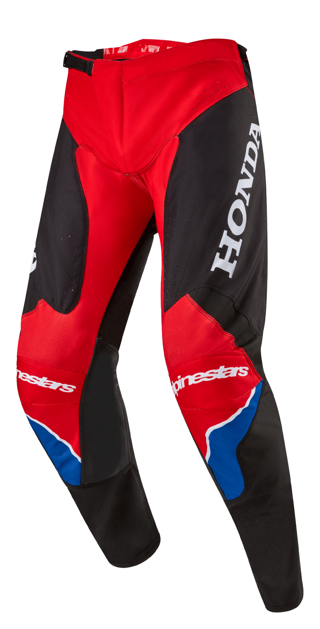 Alpinestars Honda Racer Iconic Pants, pantalones de motocross, rojo brillante, negro y blanco con acentos azules, con un gran logotipo de HONDA blanco en el muslo, marca Alpinestars en las rodillas, construcción de pierna ergonómica precurvada y cierre de cintura ajustable con trinquete.