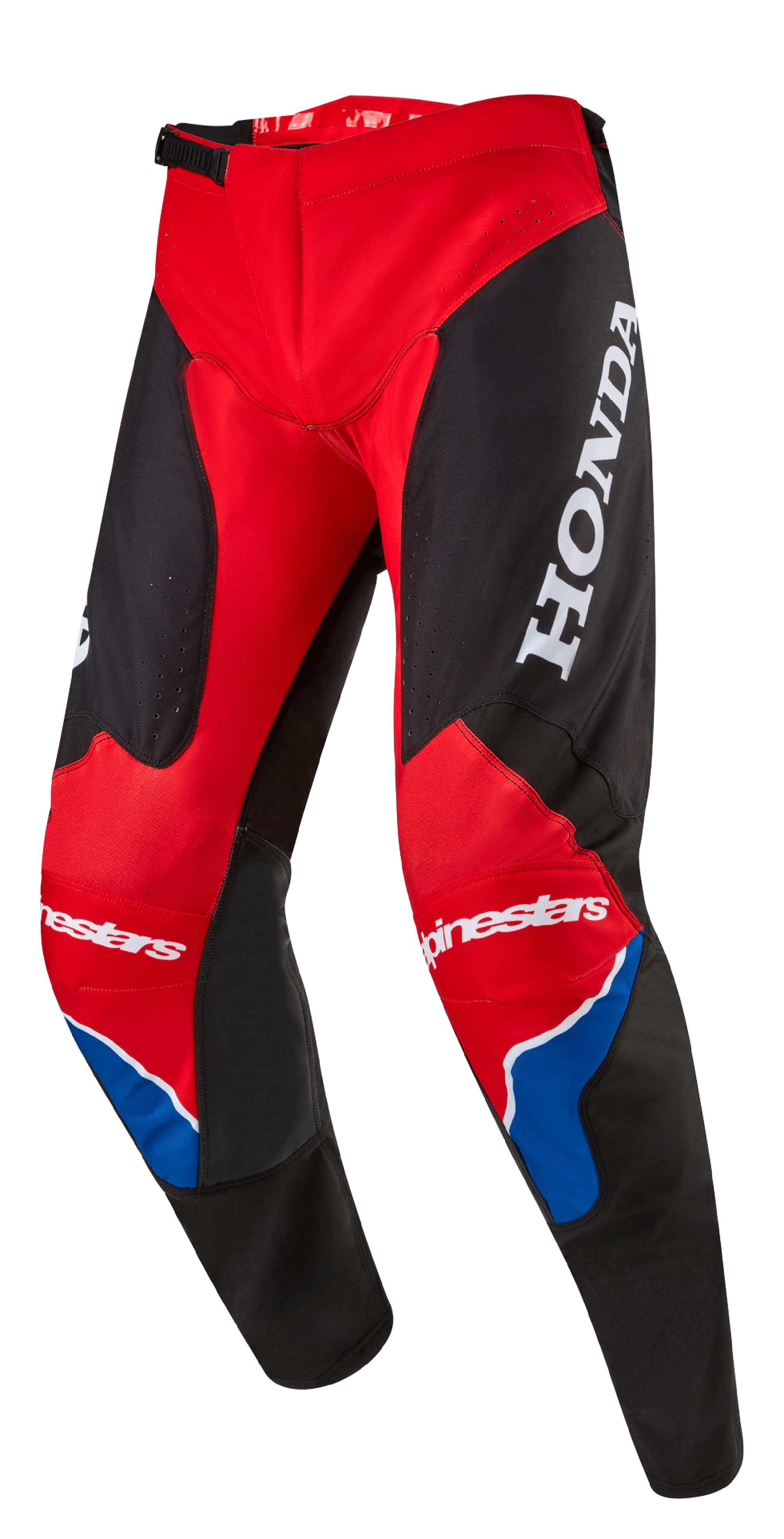Alpinestars Honda Racer Iconic Pants, pantalones de motocross, rojo brillante, negro y blanco con acentos azules, con un gran logotipo de HONDA blanco en el muslo, marca Alpinestars en las rodillas, construcción de pierna ergonómica precurvada y cierre de cintura ajustable con trinquete.