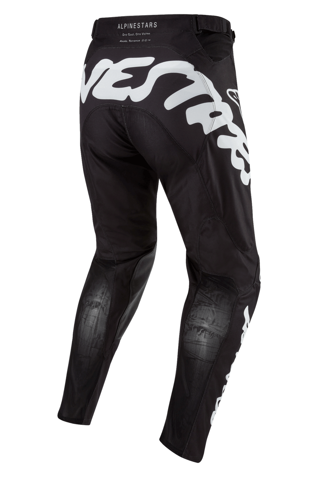 Alpinestars 2024 Racer Hana Pants, pantalones de motocross negros con grandes gráficos blancos en la parte trasera, diseño ergonómico con paneles elásticos y materiales técnicos para conducción fuera de carretera