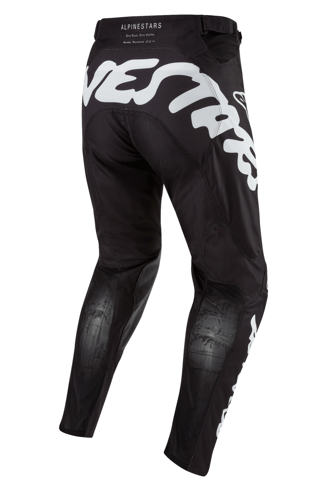 Alpinestars 2024 Racer Hana Pants, pantalones de motocross negros con grandes gráficos blancos en la parte trasera, diseño ergonómico con paneles elásticos y materiales técnicos para conducción fuera de carretera