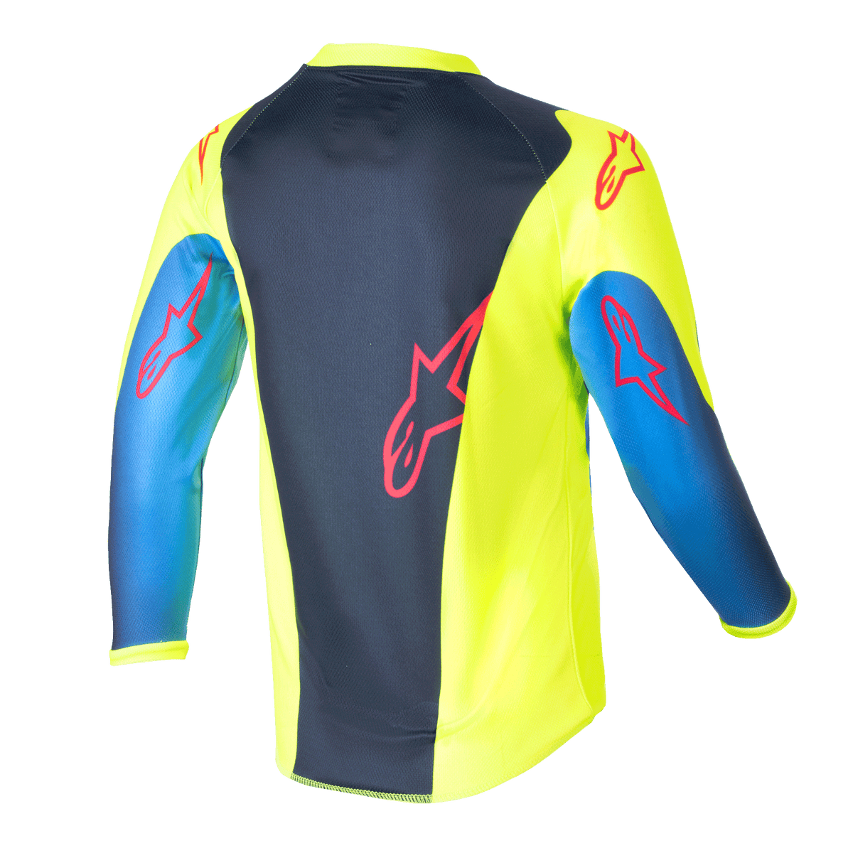 Alpinestars Kids 2024 Racer Graphic 1 Jersey, camiseta de motocross, amarillo flúor y azul Night Navy, vista trasera con logotipos de estrellas rojas, diseño vibrante con panel central azul marino y laterales amarillos, tejido ligero de poliéster para conducción off-road