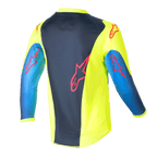 Alpinestars Kids 2024 Racer Graphic 1 Jersey, camiseta de motocross, amarillo flúor y azul Night Navy, vista trasera con logotipos de estrellas rojas, diseño vibrante con panel central azul marino y laterales amarillos, tejido ligero de poliéster para conducción off-road
