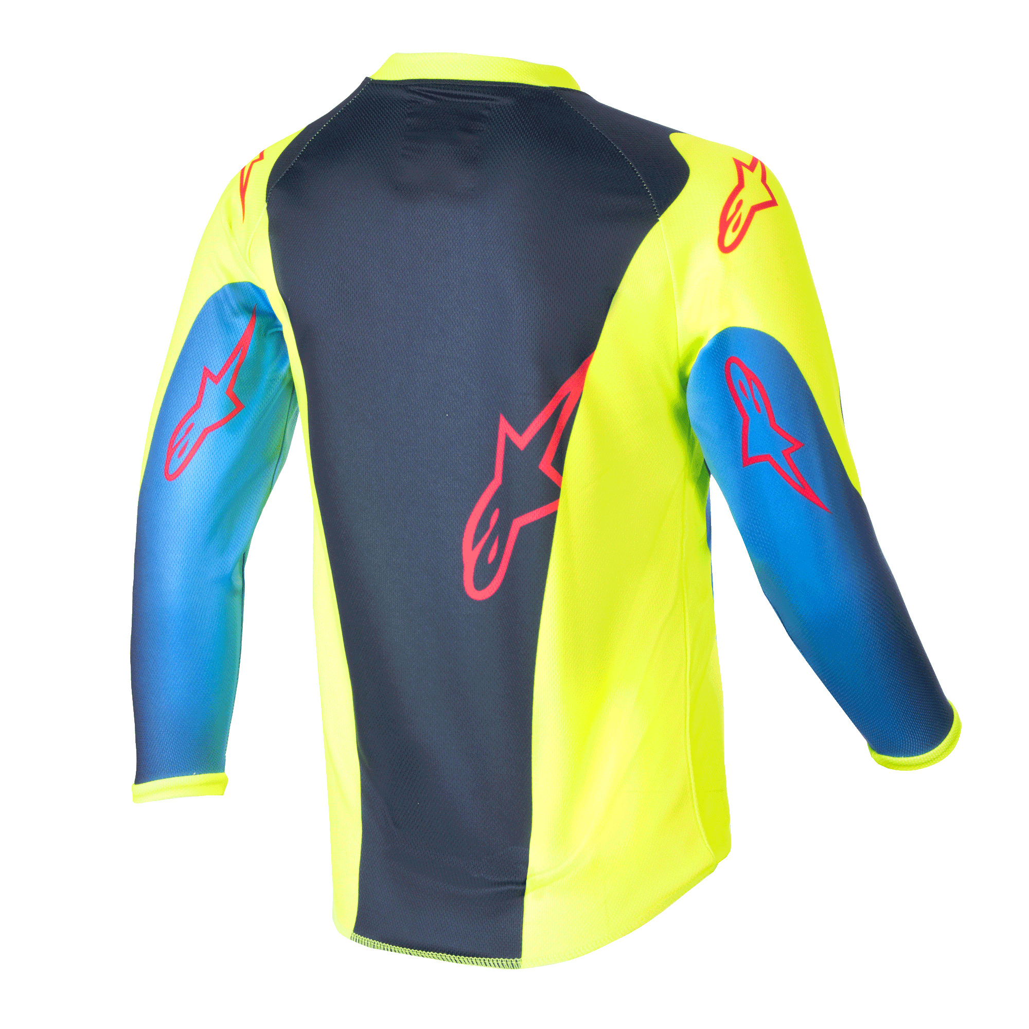 Alpinestars Kids 2024 Racer Graphic 1 Jersey, camiseta de motocross, amarillo flúor y azul Night Navy, vista trasera con logotipos de estrellas rojas, diseño vibrante con panel central azul marino y laterales amarillos, tejido ligero de poliéster para conducción off-road