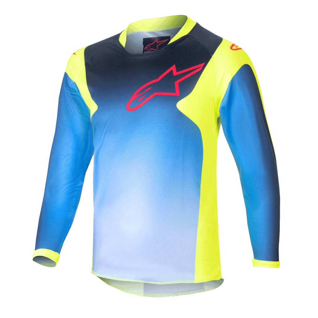 Alpinestars Kids 2024 Racer Graphic 1 Jersey, jersey de motocross de manga larga para niños, azul y amarillo neón, con un diseño de degradado azul y logo rojo en el pecho, paneles laterales y cuello en amarillo neón, tejido ligero de alto rendimiento