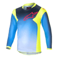 Alpinestars Kids 2024 Racer Graphic 1 Jersey, jersey de motocross de manga larga para niños, azul y amarillo neón, con un diseño de degradado azul y logo rojo en el pecho, paneles laterales y cuello en amarillo neón, tejido ligero de alto rendimiento