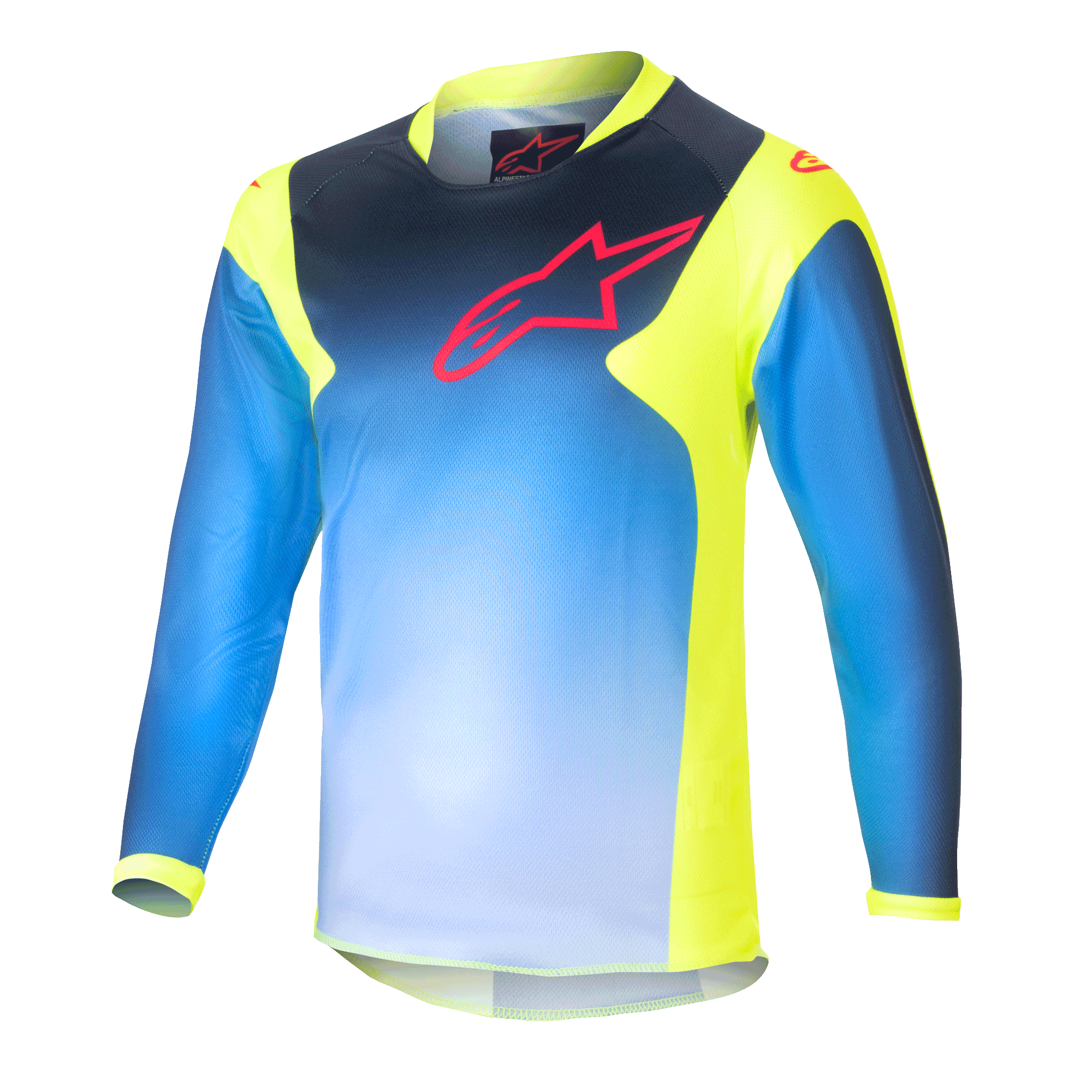 Alpinestars Kids 2024 Racer Graphic 1 Jersey, jersey de motocross de manga larga para niños, azul y amarillo neón, con un diseño de degradado azul y logo rojo en el pecho, paneles laterales y cuello en amarillo neón, tejido ligero de alto rendimiento