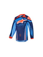 Alpinestars 2026 Kids Racer Nomur Jersey, Youth Motocross Long-Sleeve Jersey, Dark Navy, Orange, and UCLA Blue, featuring a large white and orange star logo, vibrant geometric and speckled graphics, orange collar and cuffs, performance fabric for youth motocross racing