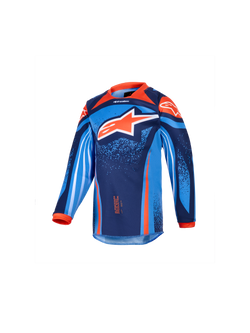 Alpinestars 2026 Kids Racer Nomur Jersey, jersey de motocross de manga larga para niños, azul marino oscuro, naranja y azul UCLA, con un gran logotipo de estrella en blanco y naranja, gráficos geométricos y moteados vibrantes, cuello y puños naranjas, tejido de alto rendimiento para carreras de motocross juvenil