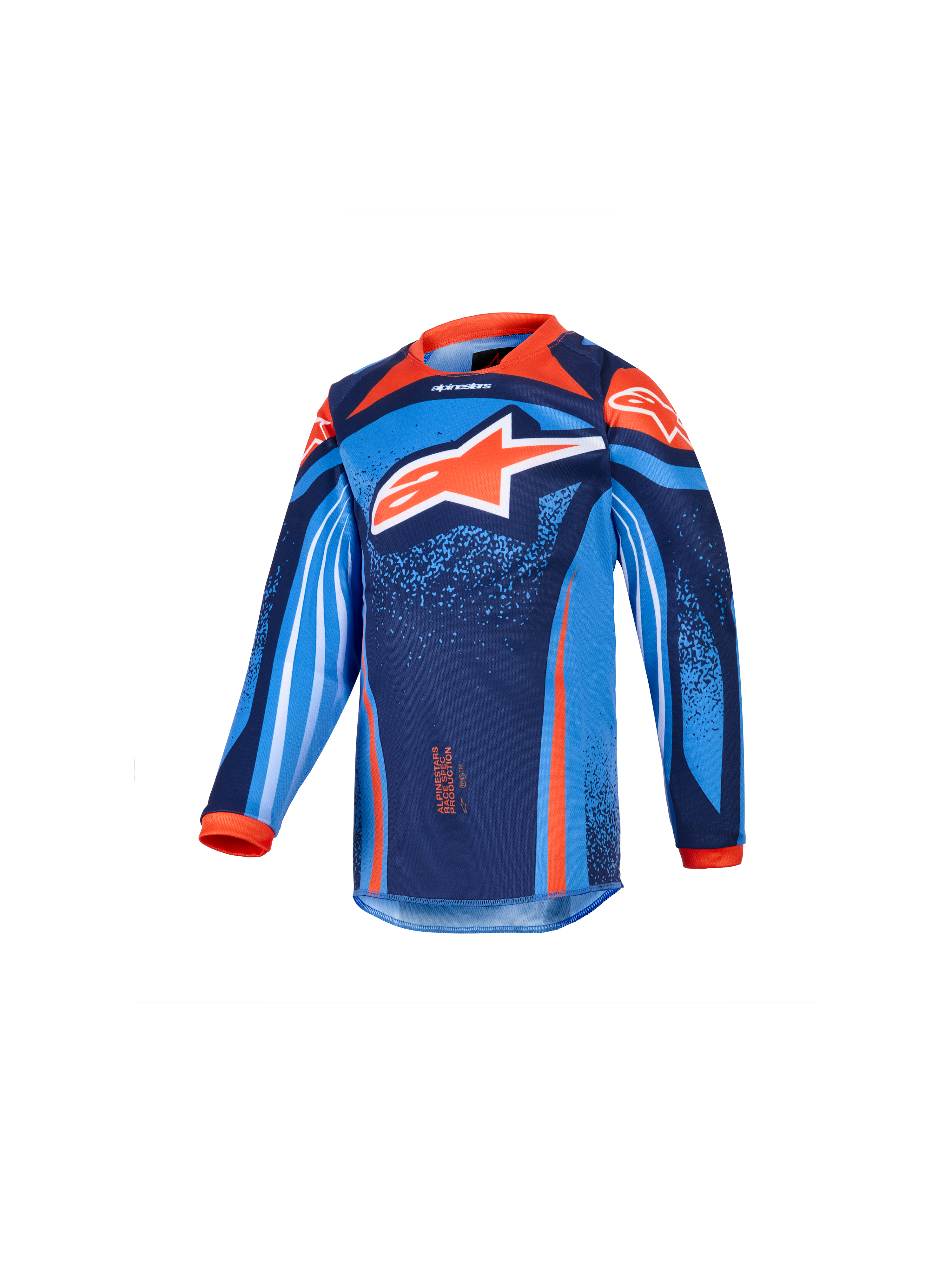 Alpinestars 2026 Kids Racer Nomur Jersey, Youth Motocross Long-Sleeve Jersey, Dark Navy, Orange, and UCLA Blue, featuring a large white and orange star logo, vibrant geometric and speckled graphics, orange collar and cuffs, performance fabric for youth motocross racing