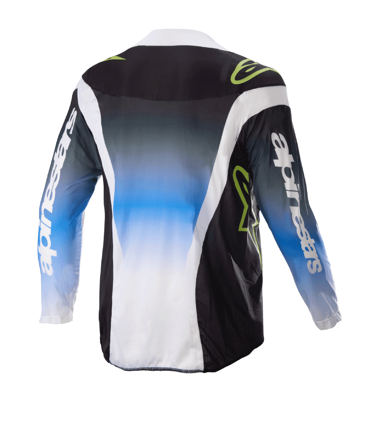 Alpinestars Kids 2023 Racer Push Jersey, jersey de motocross, azul UCLA, blanco y negro Nightlife, vista trasera que muestra un centro con degradado de azul a blanco, logotipos en verde lima y detalles laterales blancos, ropa de manga larga para conducción todoterreno