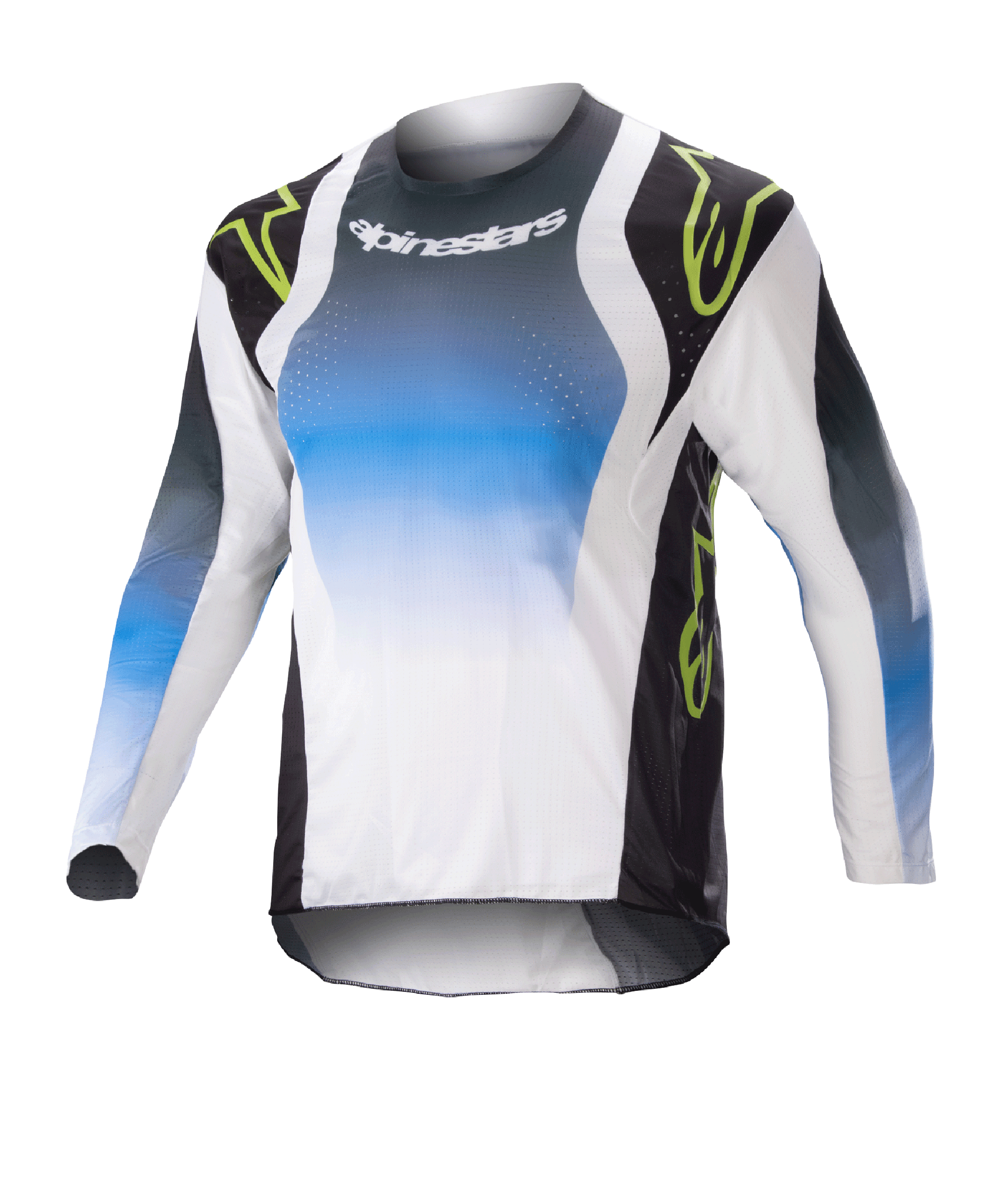 Alpinestars Kids 2023 Racer Push Jersey, camiseta de motocross juvenil de manga larga, azul, blanco y negro con detalles en verde neón, diseño degradado con el logo de Alpinestars en el pecho, tejido ligero y transpirable para rendimiento off-road