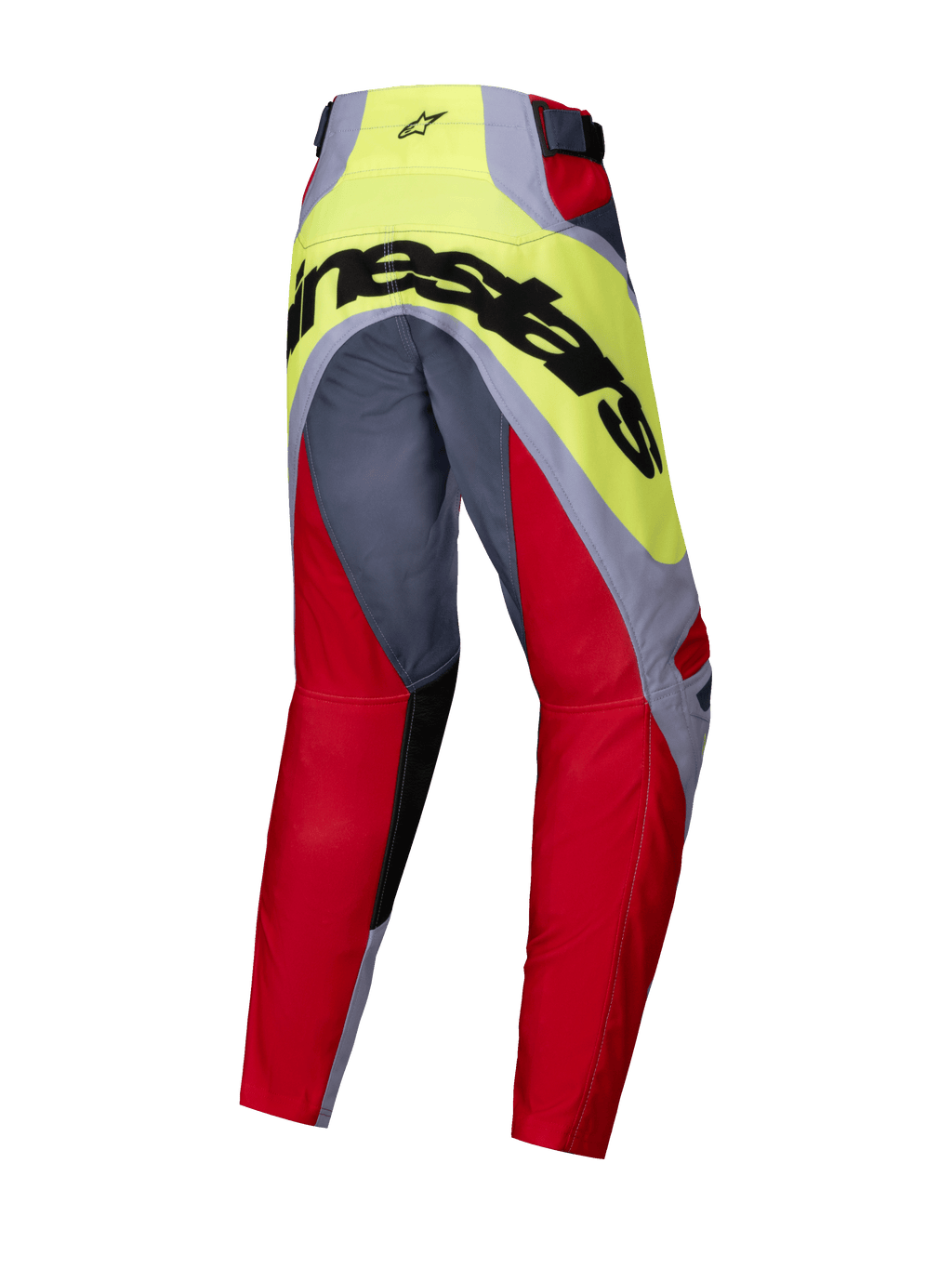 Alpinestars 2025 Youth Racer Melt Pants, pantalones de motocross juveniles, rojo brillante y gris con amarillo neón, vista trasera con gran logotipo negro de Alpinestars en el asiento, diseño precurvado para rendimiento fuera de carretera