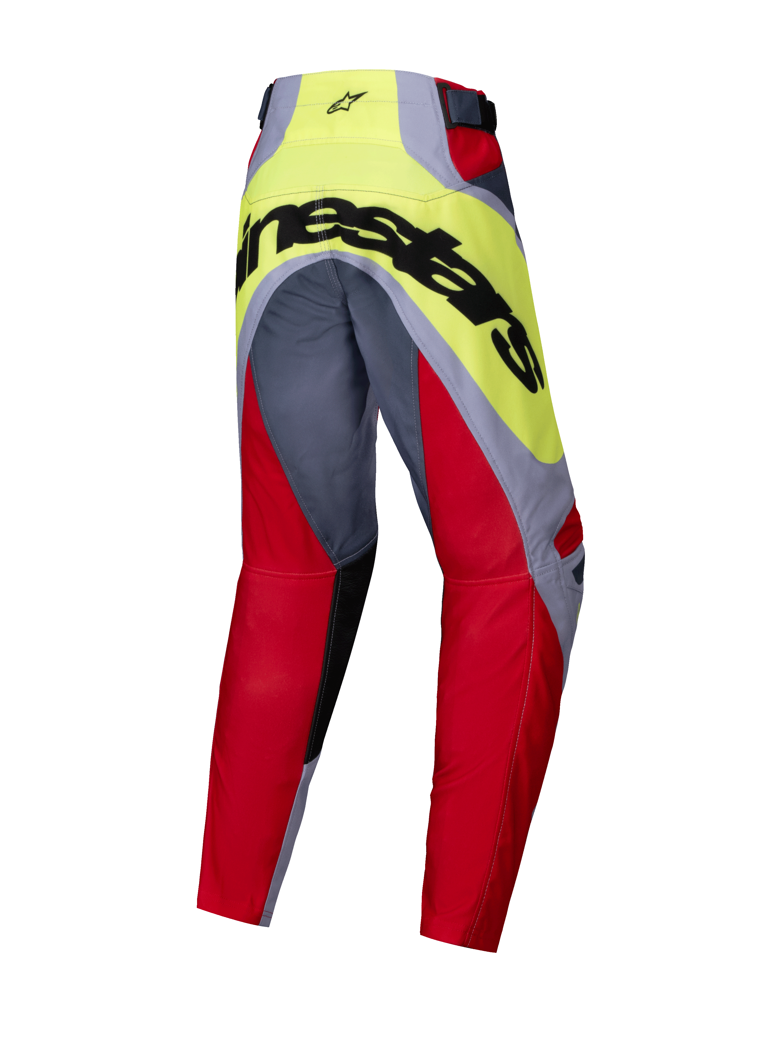 Alpinestars 2025 Youth Racer Melt Pants, pantalones de motocross juveniles, rojo brillante y gris con amarillo neón, vista trasera con gran logotipo negro de Alpinestars en el asiento, diseño precurvado para rendimiento fuera de carretera