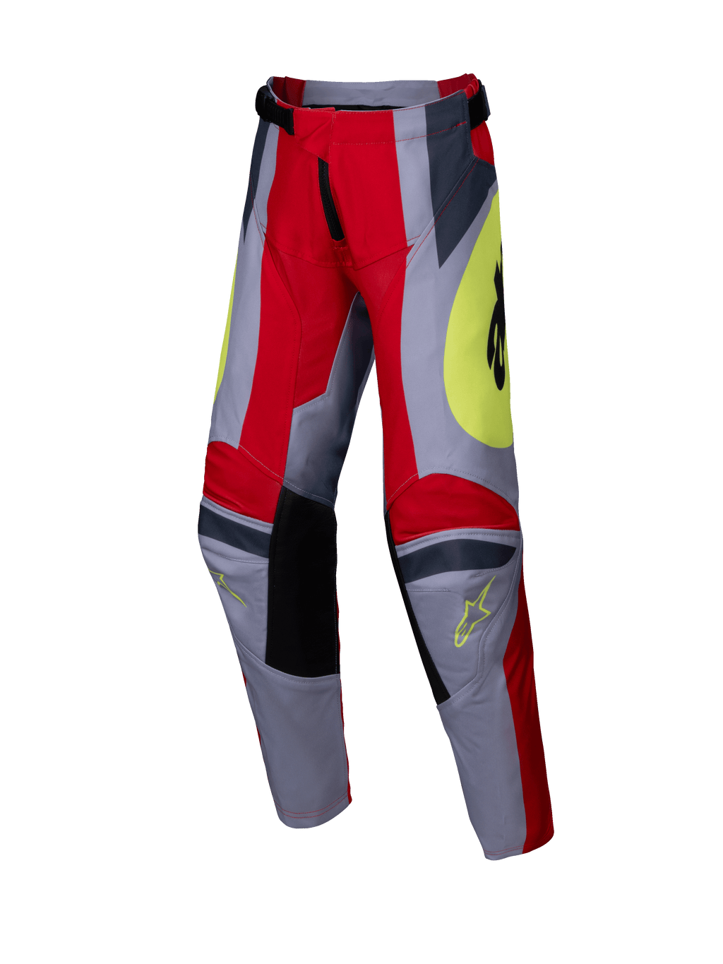 Alpinestars 2025 Youth Racer Melt Pants, pantalones de motocross juveniles, rojo brillante y gris con detalles amarillos, paneles de rodilla negros reforzados, gráficos angulares llamativos y logotipos de Astars, diseño duradero para carreras off-road