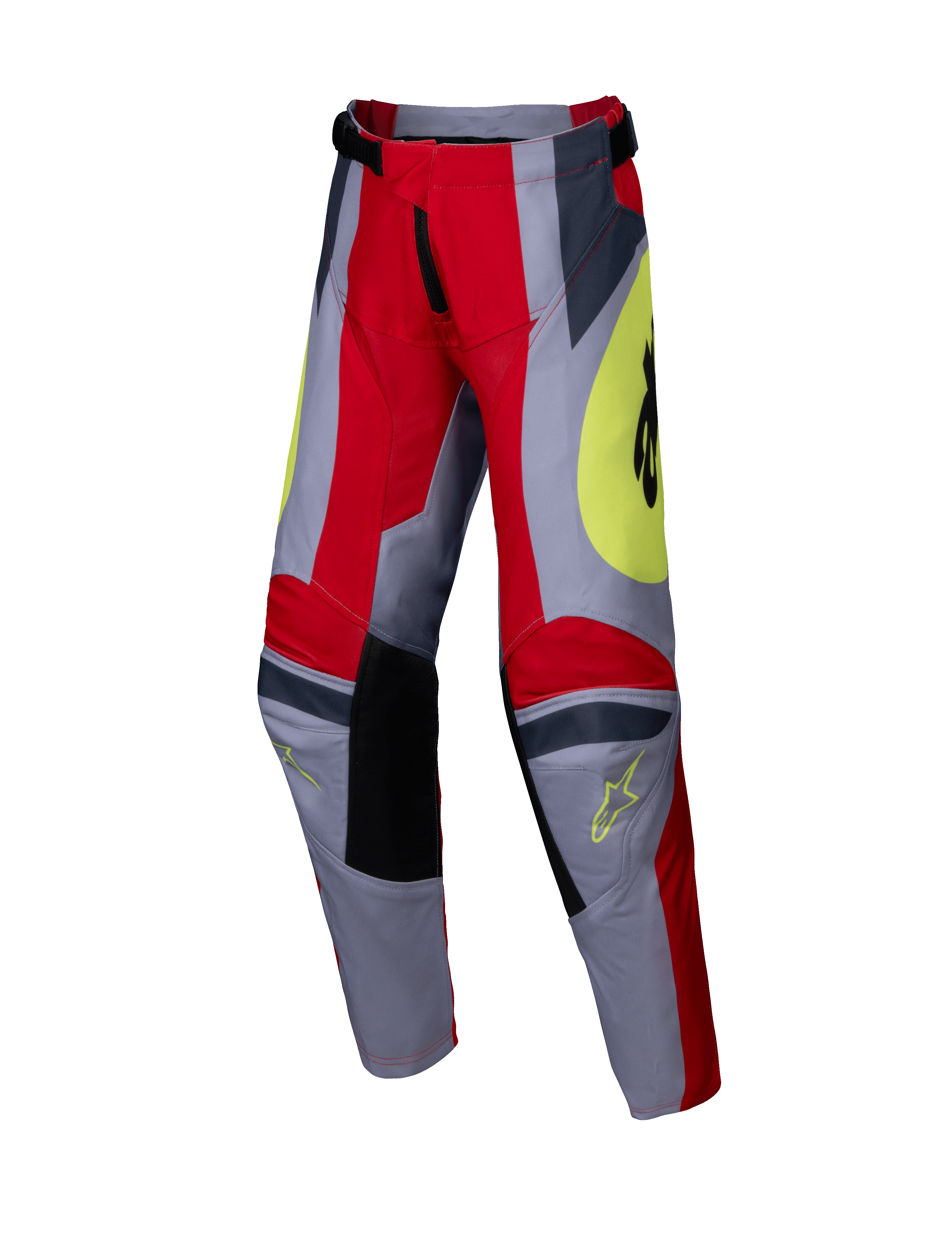 Alpinestars 2025 Youth Racer Melt Pants, pantalones de motocross juveniles, rojo brillante y gris con detalles amarillos, paneles de rodilla negros reforzados, gráficos angulares llamativos y logotipos de Astars, diseño duradero para carreras off-road