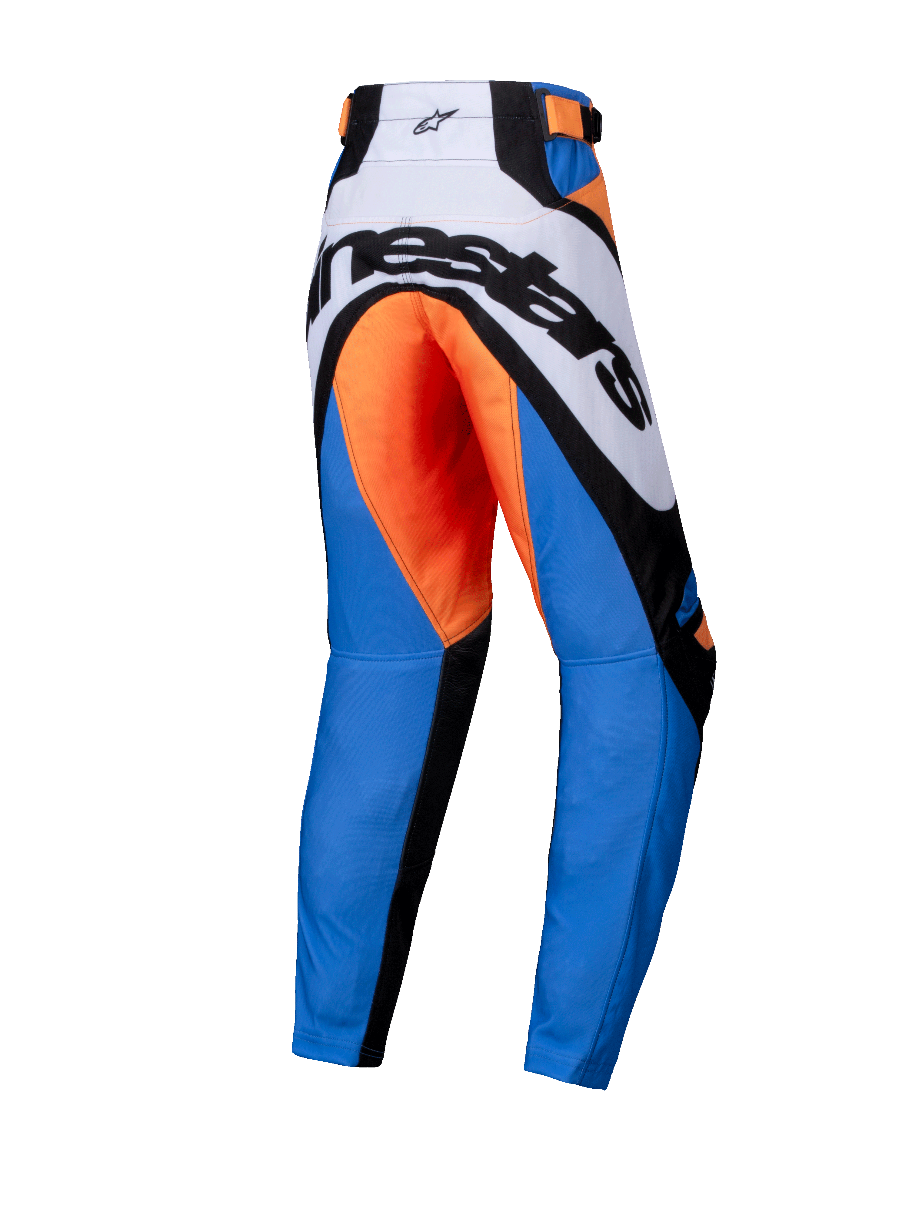 Alpinestars 2025 Youth Racer Melt Pants, pantalones de motocross juveniles, naranja y azul, vista trasera con la marca Alpinestars en negro sobre el canesú blanco, zona del asiento naranja, perneras azules y paneles reforzados en negro, diseño ergonómico para carreras todoterreno