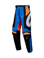 Alpinestars 2025 Youth Racer Melt Pants, pantalones de motocross juveniles, naranja y azul con acentos en negro y blanco, paneles con gráficos llamativos, construcción de pierna precurvada, rodillas internas reforzadas, cintura ajustable con cierre de trinquete