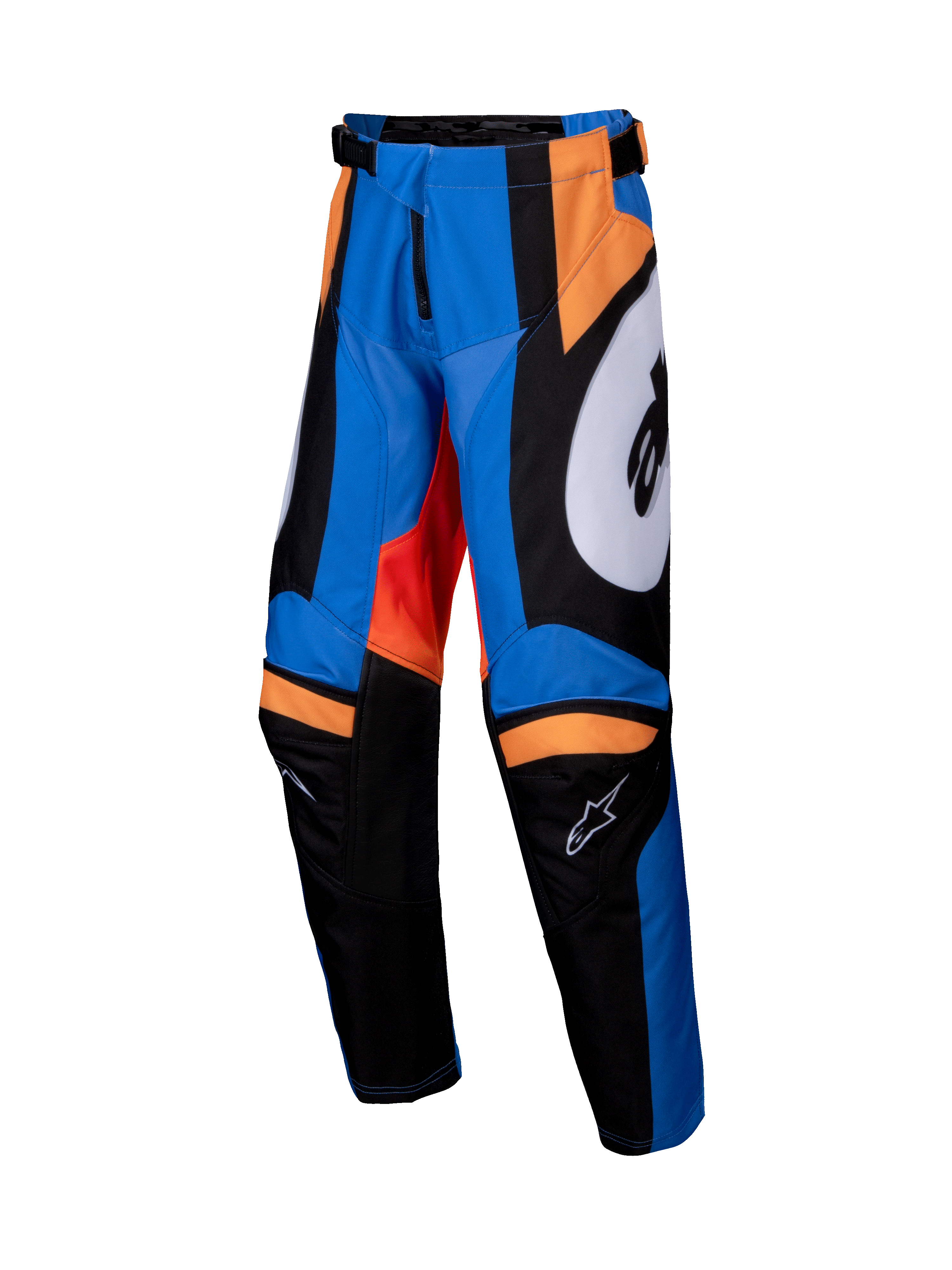 Alpinestars 2025 Youth Racer Melt Pants, pantalones de motocross juveniles, naranja y azul con acentos en negro y blanco, paneles con gráficos llamativos, construcción de pierna precurvada, rodillas internas reforzadas, cintura ajustable con cierre de trinquete