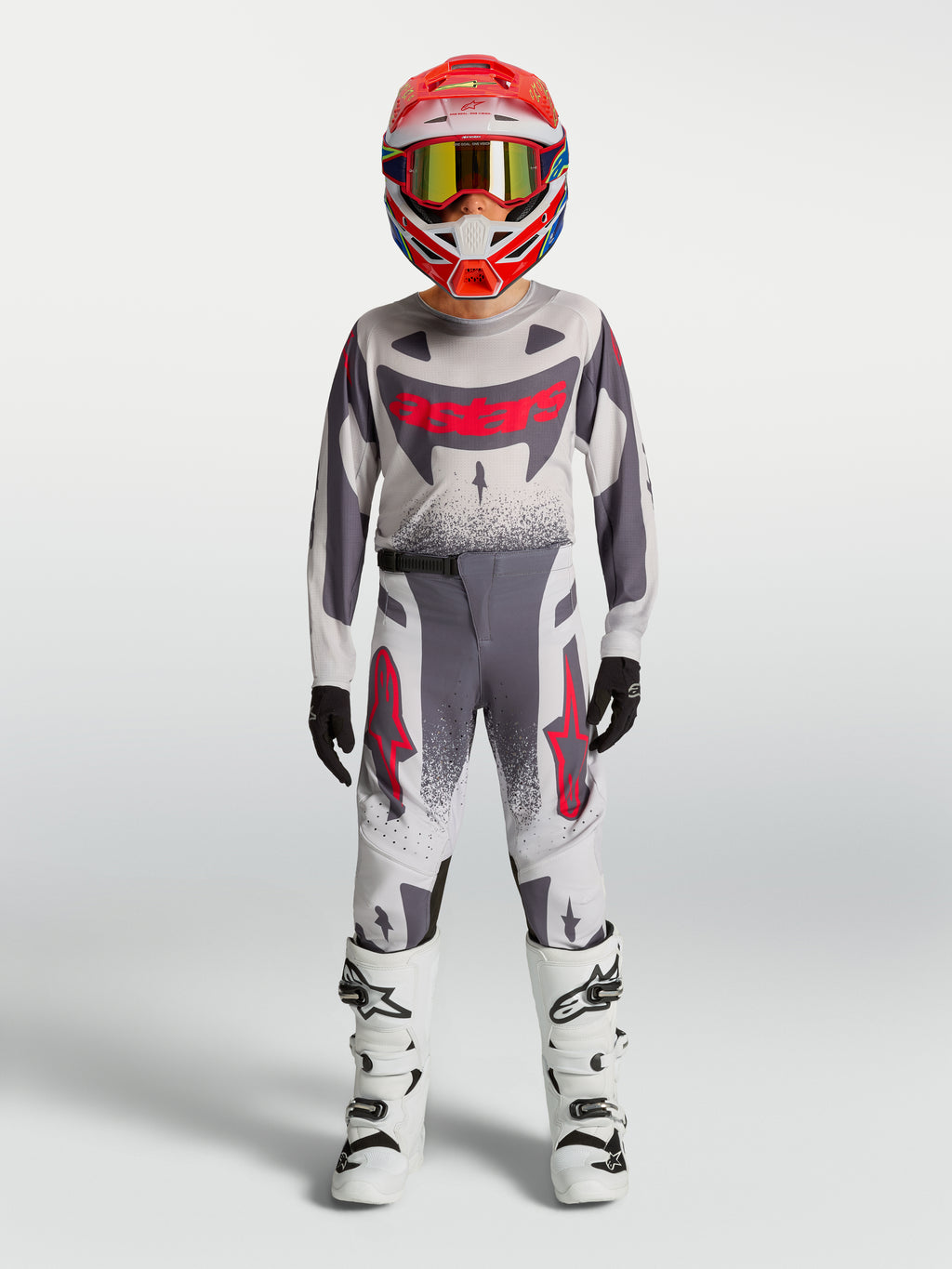 Alpinestars Pantalones Supertech Swan Juveniles, equipo de carreras de motocross en gris y rojo flúor, ajuste atlético