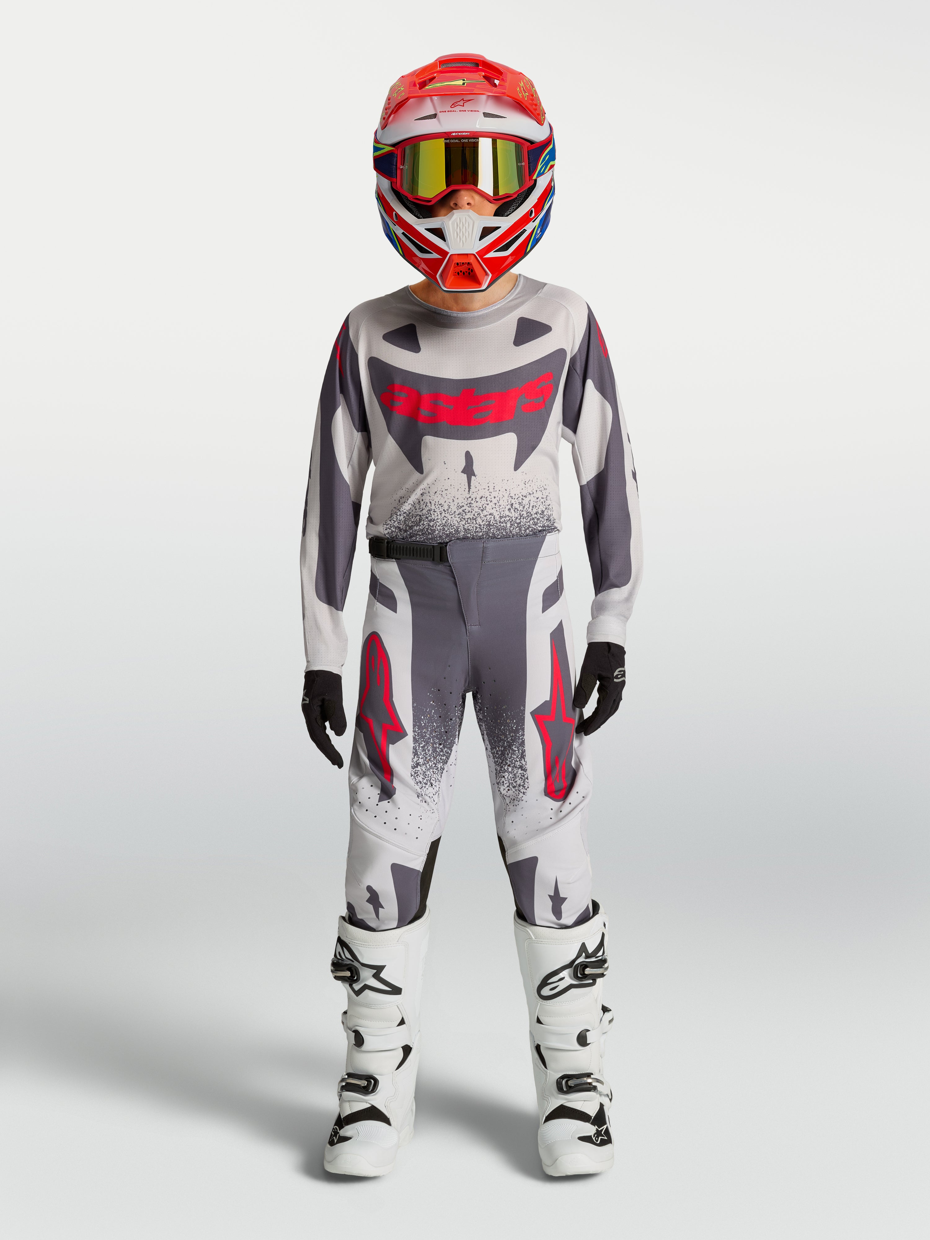 Alpinestars Pantalones Supertech Swan Juveniles, equipo de carreras de motocross en gris y rojo flúor, ajuste atlético