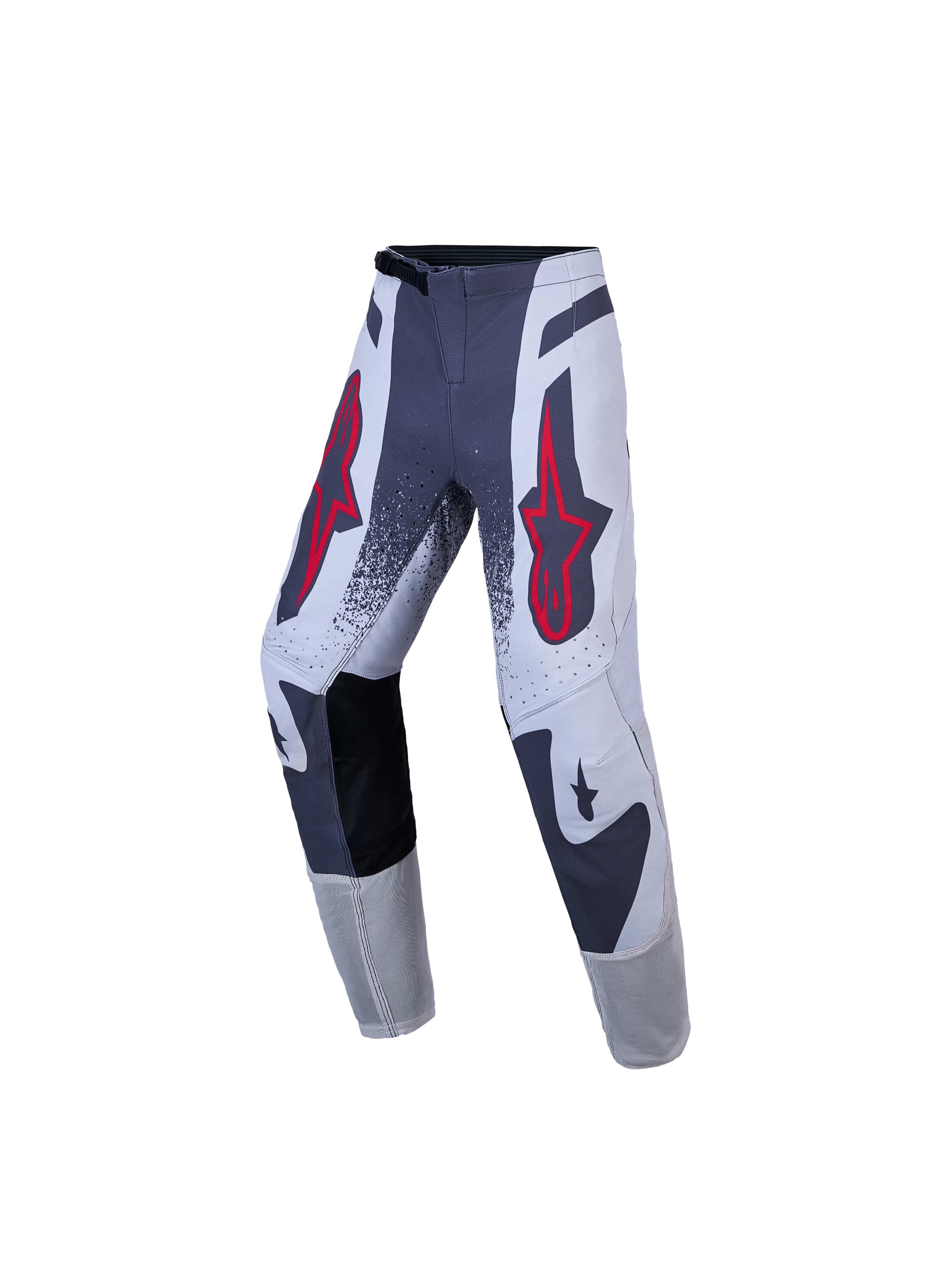 Alpinestars Supertech Swan Juvenil, pantalones de motocross, gris y blanco con logos de estrellas rojas, ajuste atlético y tejido rip-stop