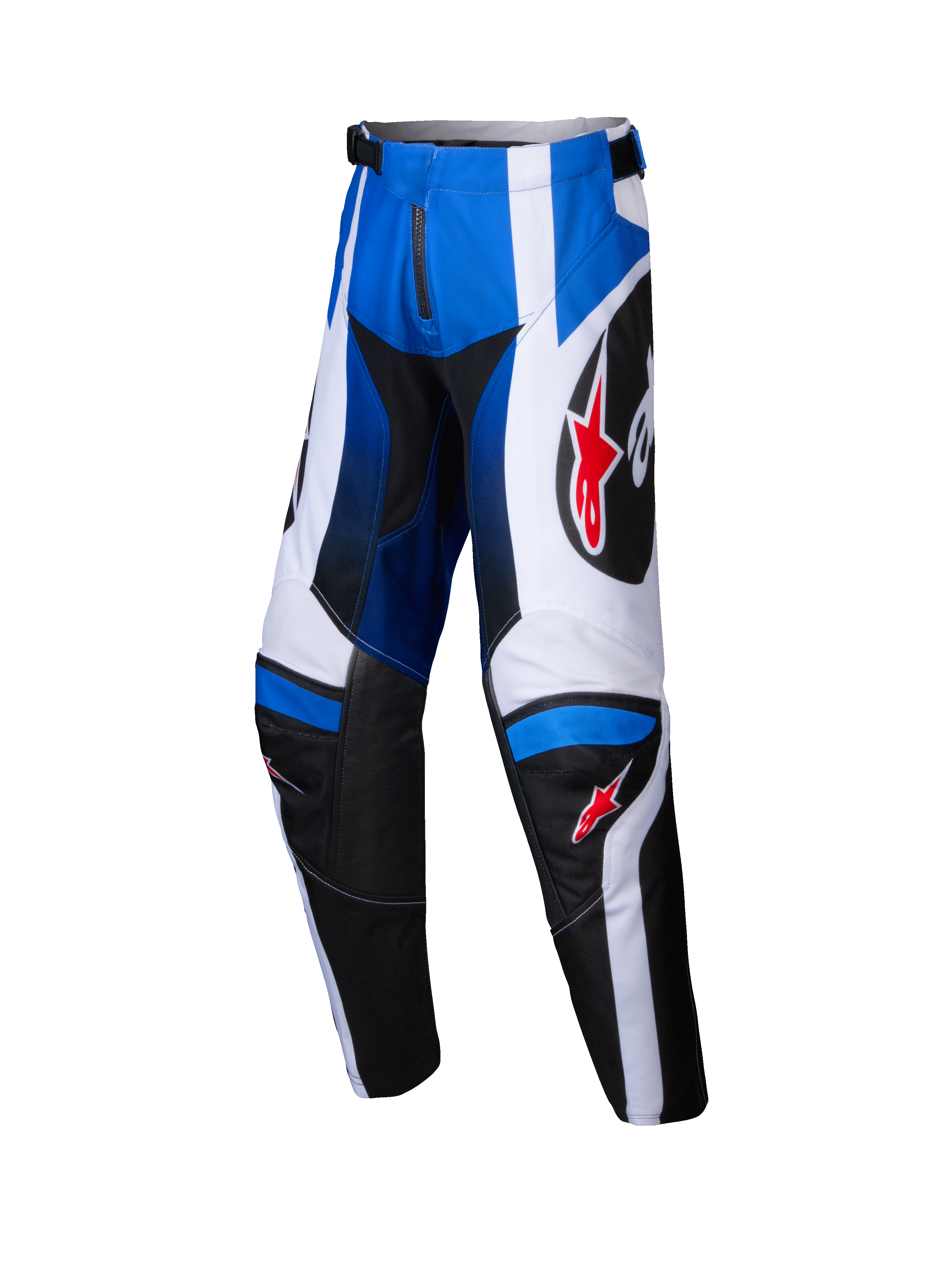 Alpinestars 2025 Youth Racer Wurx Pants, pantalones de motocross juveniles, azules, negros y blancos, logotipos de estrella roja, equipamiento de carreras todoterreno