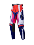 Alpinestars Youth Racer Wurx Pants 2025, pantalones de motocross, diseño en rojo, azul, rosa y blanco con un patrón geométrico audaz y degradados de rosa a rojo, paneles interiores de las rodillas en cuero negro, cintura ajustable y construcción textil duradera para carreras off-road juveniles.
