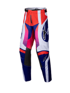 Alpinestars Youth Racer Wurx Pants 2025, pantalones de motocross, diseño en rojo, azul, rosa y blanco con un patrón geométrico audaz y degradados de rosa a rojo, paneles interiores de las rodillas en cuero negro, cintura ajustable y construcción textil duradera para carreras off-road juveniles.