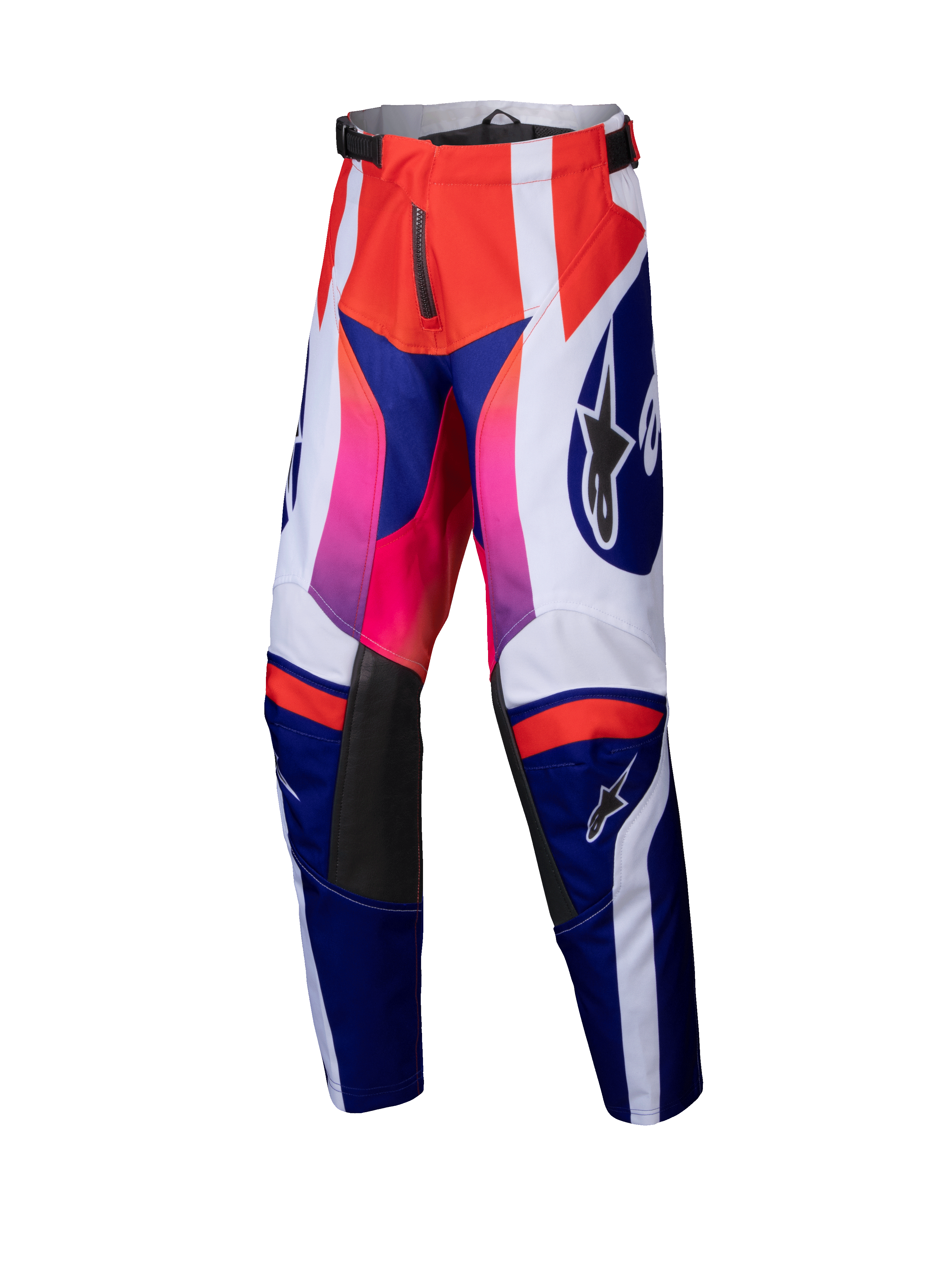 Alpinestars Youth Racer Wurx Pants 2025, pantalones de motocross, diseño en rojo, azul, rosa y blanco con un patrón geométrico audaz y degradados de rosa a rojo, paneles interiores de las rodillas en cuero negro, cintura ajustable y construcción textil duradera para carreras off-road juveniles.