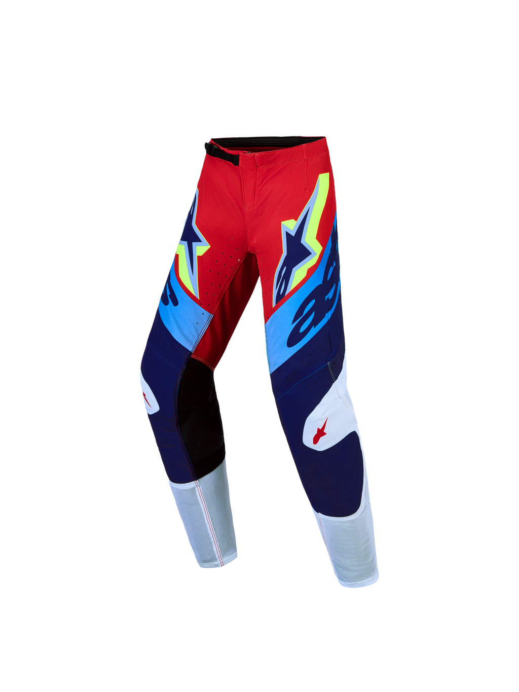 Alpinestars Pantalones Supertech Dyna Juvenil 2027, pantalones de motocross rojo fuego y azul marino con paneles elásticos
