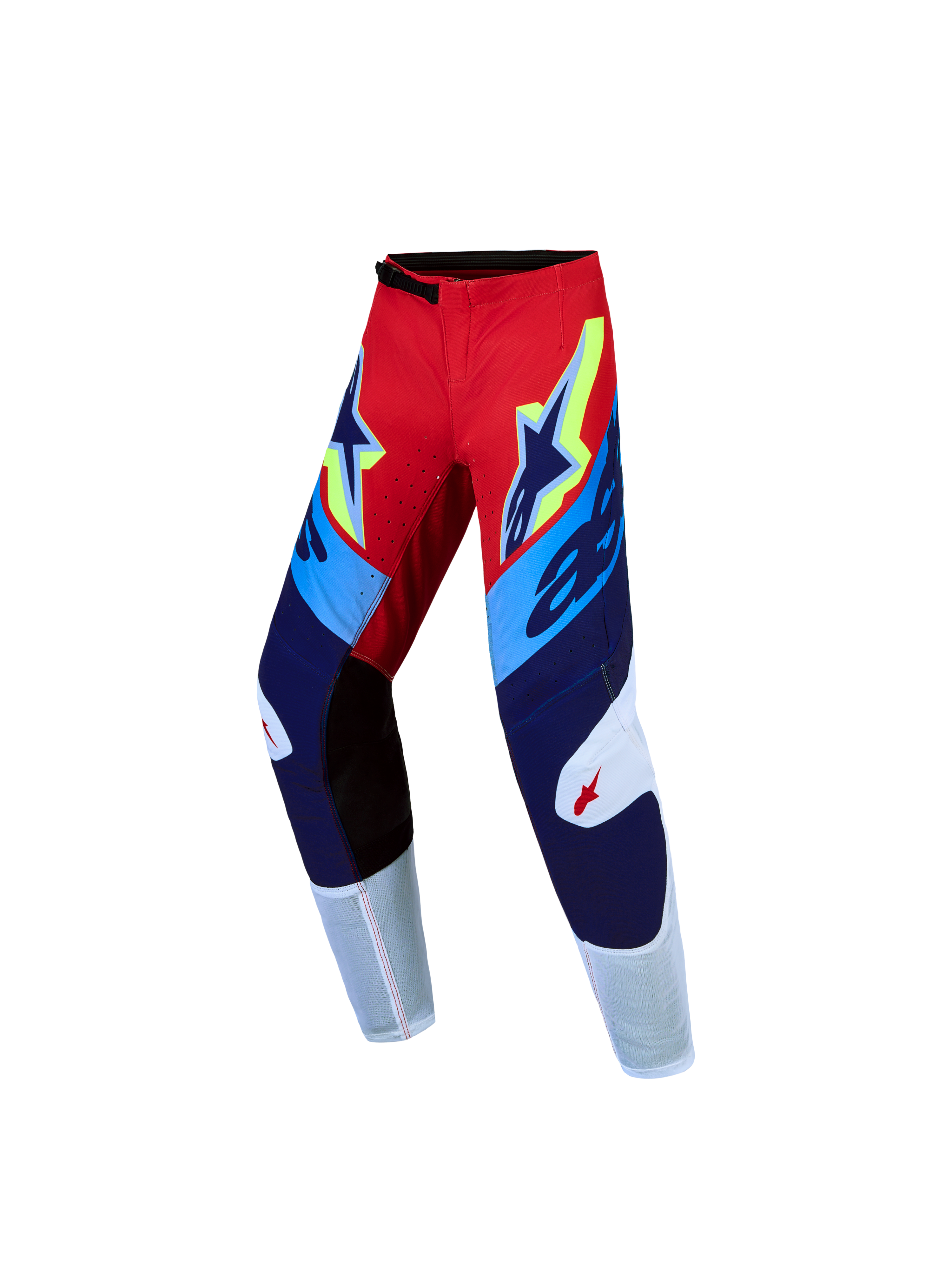 Alpinestars Pantalones Supertech Dyna Juvenil 2027, pantalones de motocross rojo fuego y azul marino con paneles elásticos