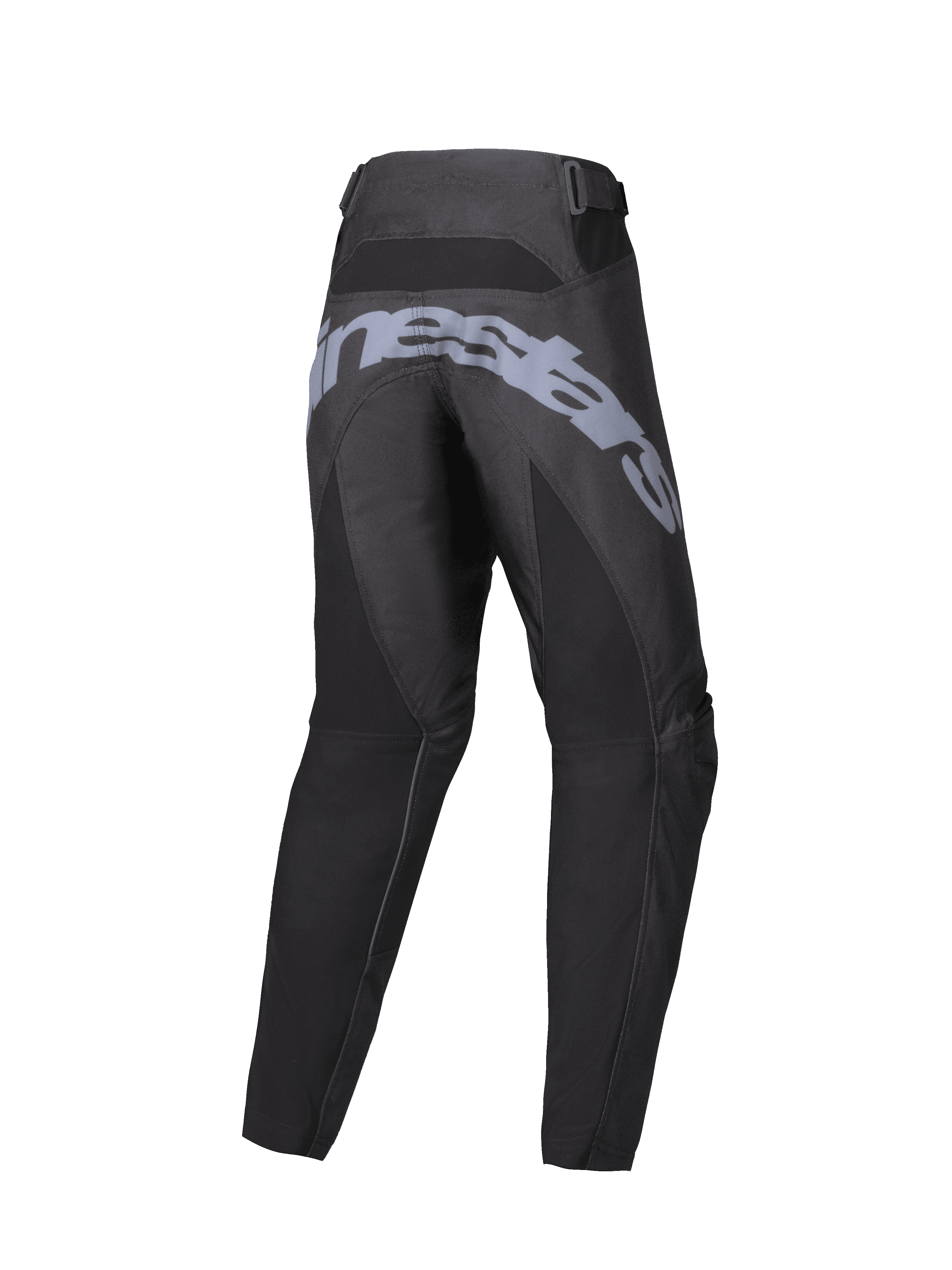 Alpinestars 2025 Youth Racer Graphite Pants, pantalones de motocross para jóvenes, negro y gris, vista posterior con gran marca gris en el asiento, construcción ergonómica precurvada y correas de ajuste en la cintura para conducción todoterreno