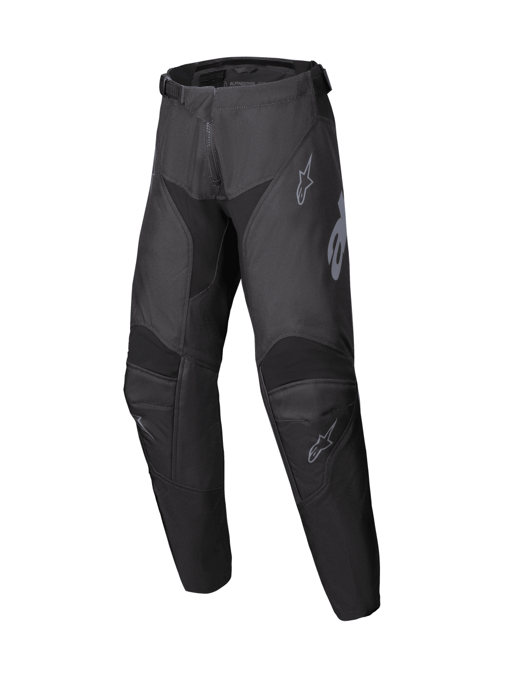 Alpinestars 2025 Youth Racer Graphite Pants, pantalones de motocross juveniles en negro y gris, equipamiento de conducción off-road con rodillas reforzadas y logos grises sutiles, diseño ergonómico y duradero