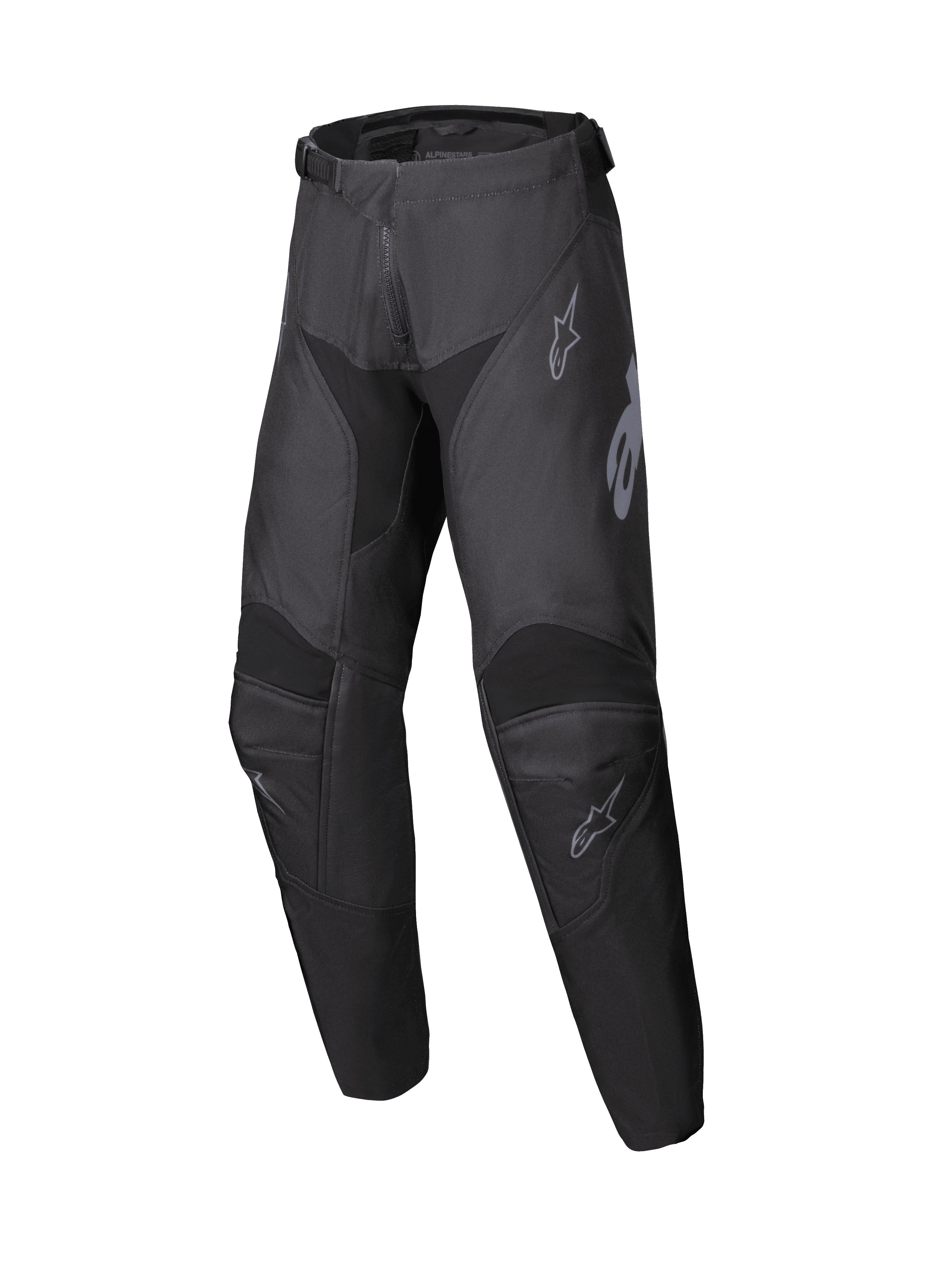 Alpinestars 2025 Youth Racer Graphite Pants, pantalones de motocross juveniles en negro y gris, equipamiento de conducción off-road con rodillas reforzadas y logos grises sutiles, diseño ergonómico y duradero