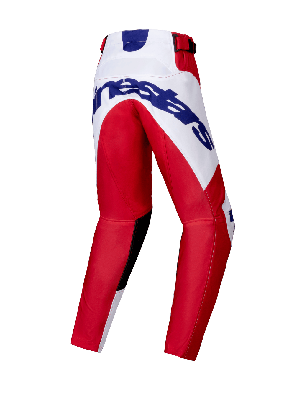 Alpinestars 2025 Youth Racer Veil Pants, pantalones de motocross juveniles, rojo brillante y blanco, vista trasera que muestra un gran logo azul de Alpinestars en el asiento, diseño de pierna precurvada, paneles internos de rodilla negros y cierre de trinquete en la cintura.