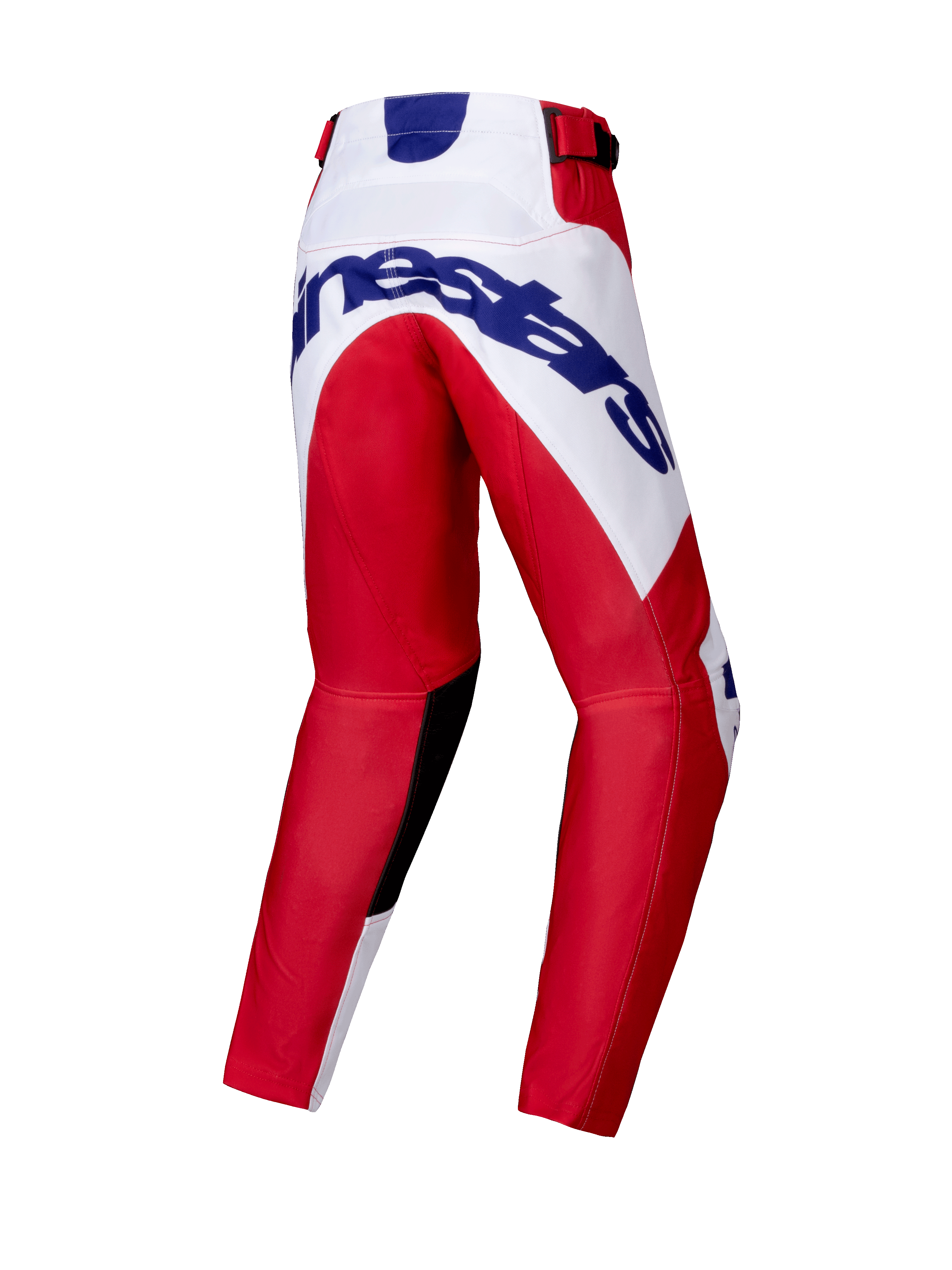 Alpinestars 2025 Youth Racer Veil Pants, pantalones de motocross juveniles, rojo brillante y blanco, vista trasera que muestra un gran logo azul de Alpinestars en el asiento, diseño de pierna precurvada, paneles internos de rodilla negros y cierre de trinquete en la cintura.