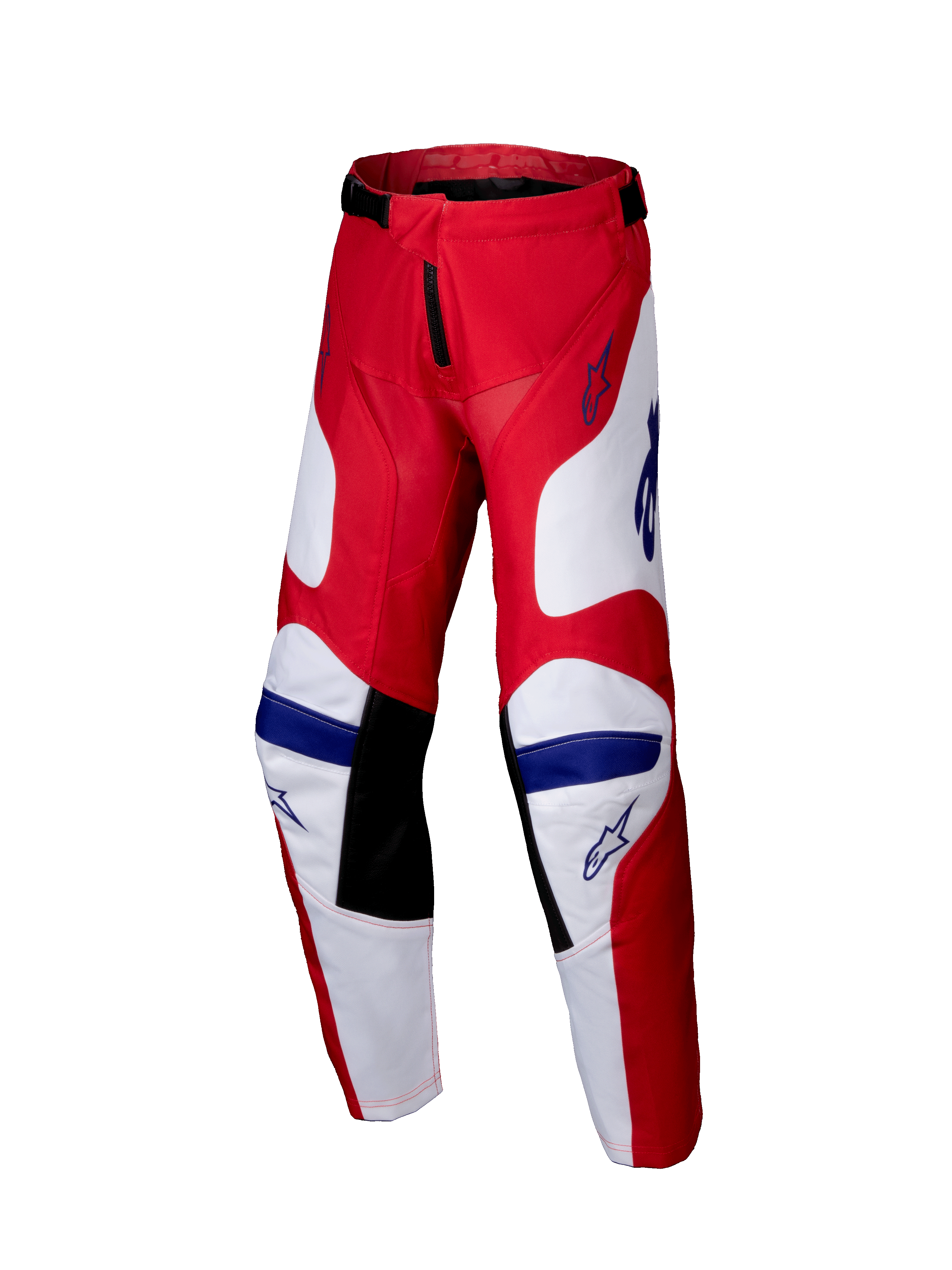 Alpinestars 2025 Youth Racer Veil Pants, Motocross Pants, Bright Red and White with Blue accents, featuring black inner knee panels, ergonomic pre-curved design, and durable polyfabric for off-road racing.