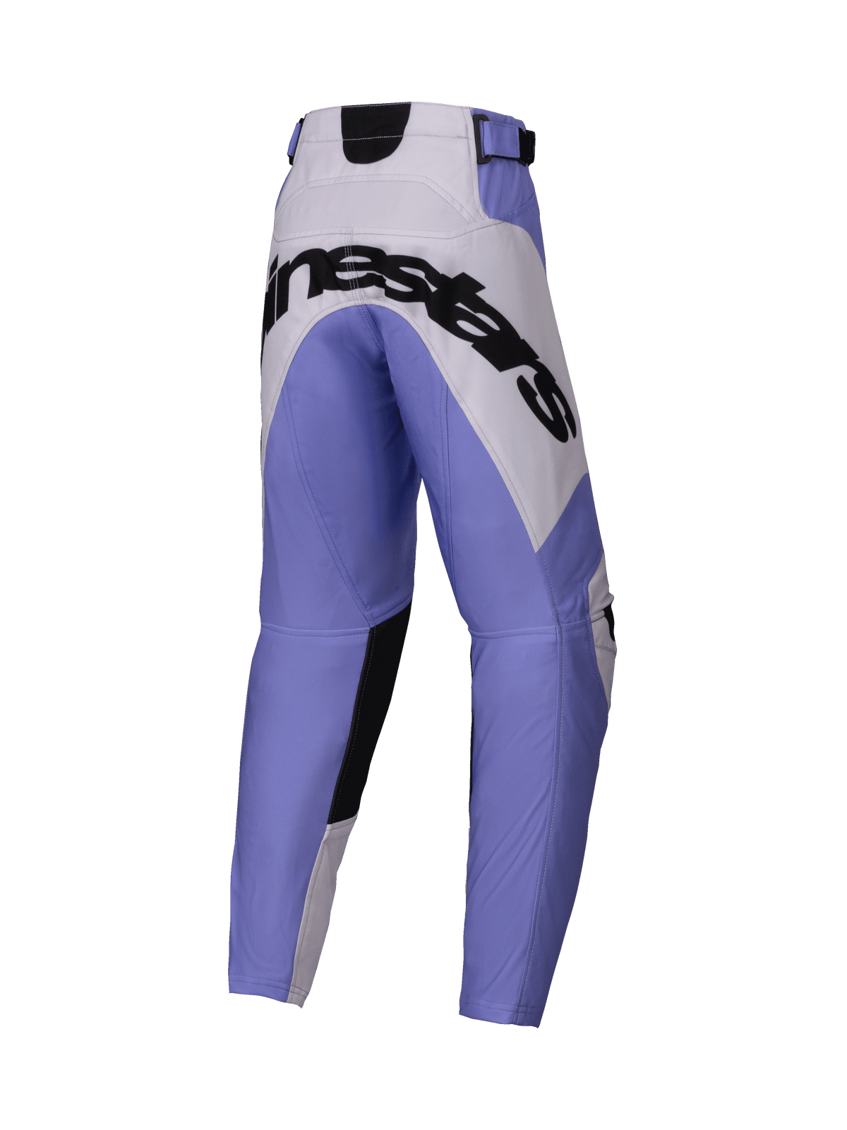 Alpinestars 2025 Youth Racer Veil Pants, pantalones de motocross juveniles, morado, blanco y negro, gran marca Alpinestars negra en la parte trasera, diseño deportivo con paneles reforzados, material duradero para carreras off-road