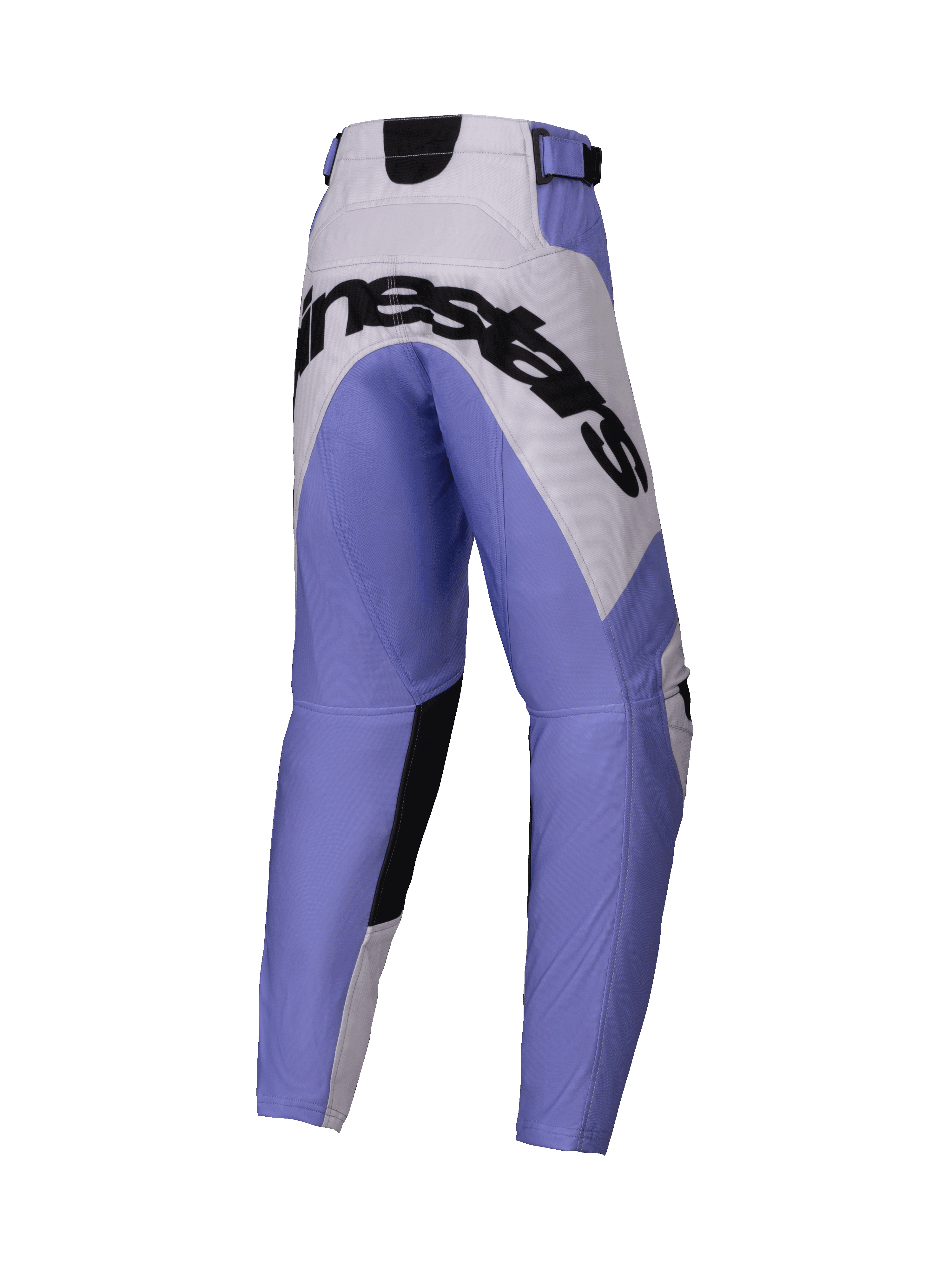Alpinestars 2025 Youth Racer Veil Pants, pantalones de motocross juveniles, morado, blanco y negro, gran marca Alpinestars negra en la parte trasera, diseño deportivo con paneles reforzados, material duradero para carreras off-road